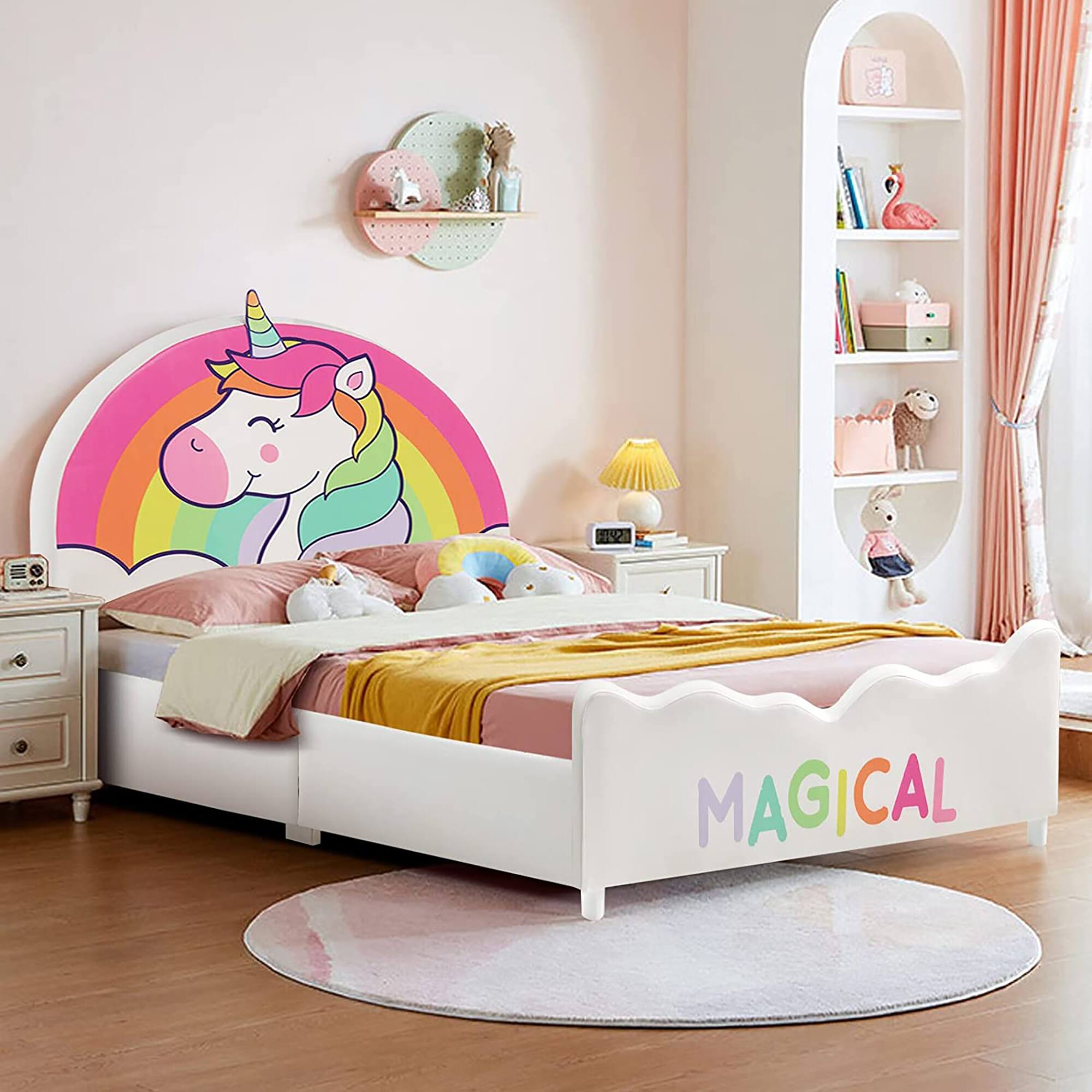 Alt View 1. Costway - Costway Kids Upholstered Platform Bed Children Twin Size Wooden Bed Unicorn Pattern - White.