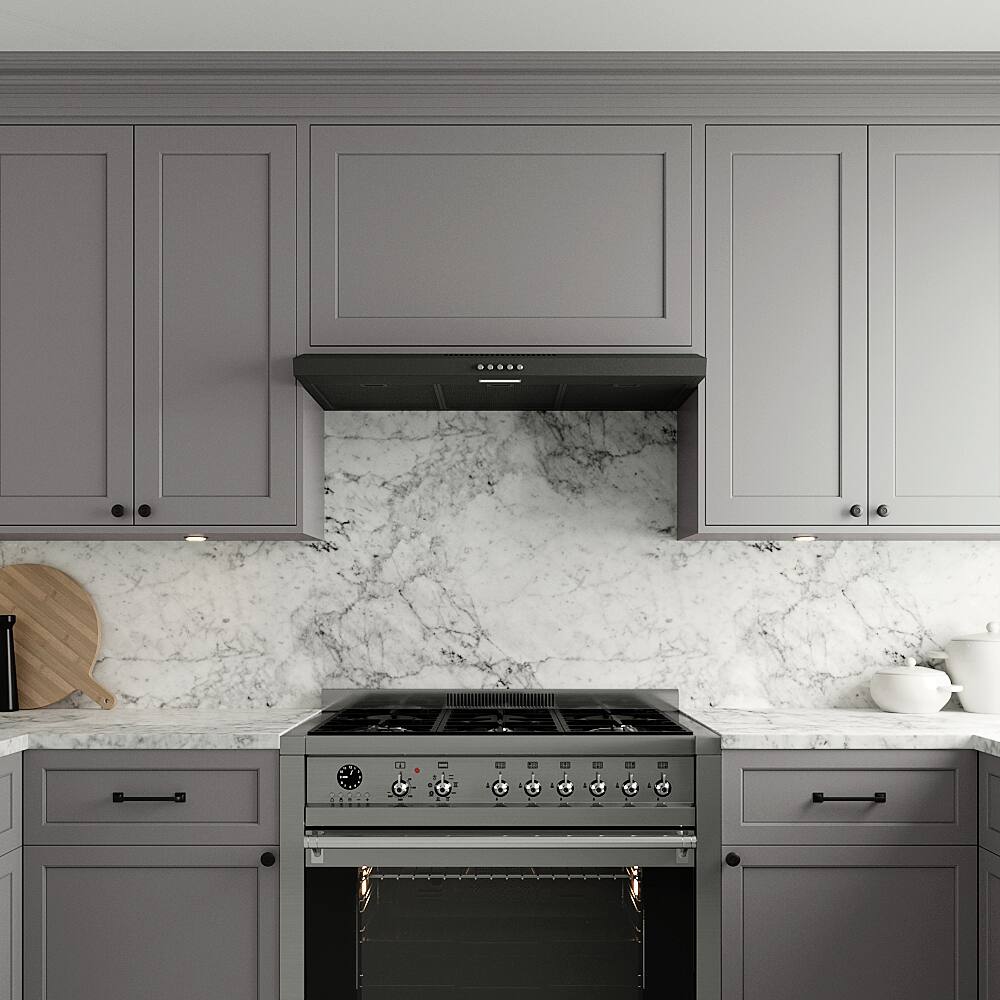 Left. Streamline - 36 in. Cosenza Ductless Undermount 80 CFM Range Hood, Mesh Filters, Push Button Control, LED Light - Grit Black.