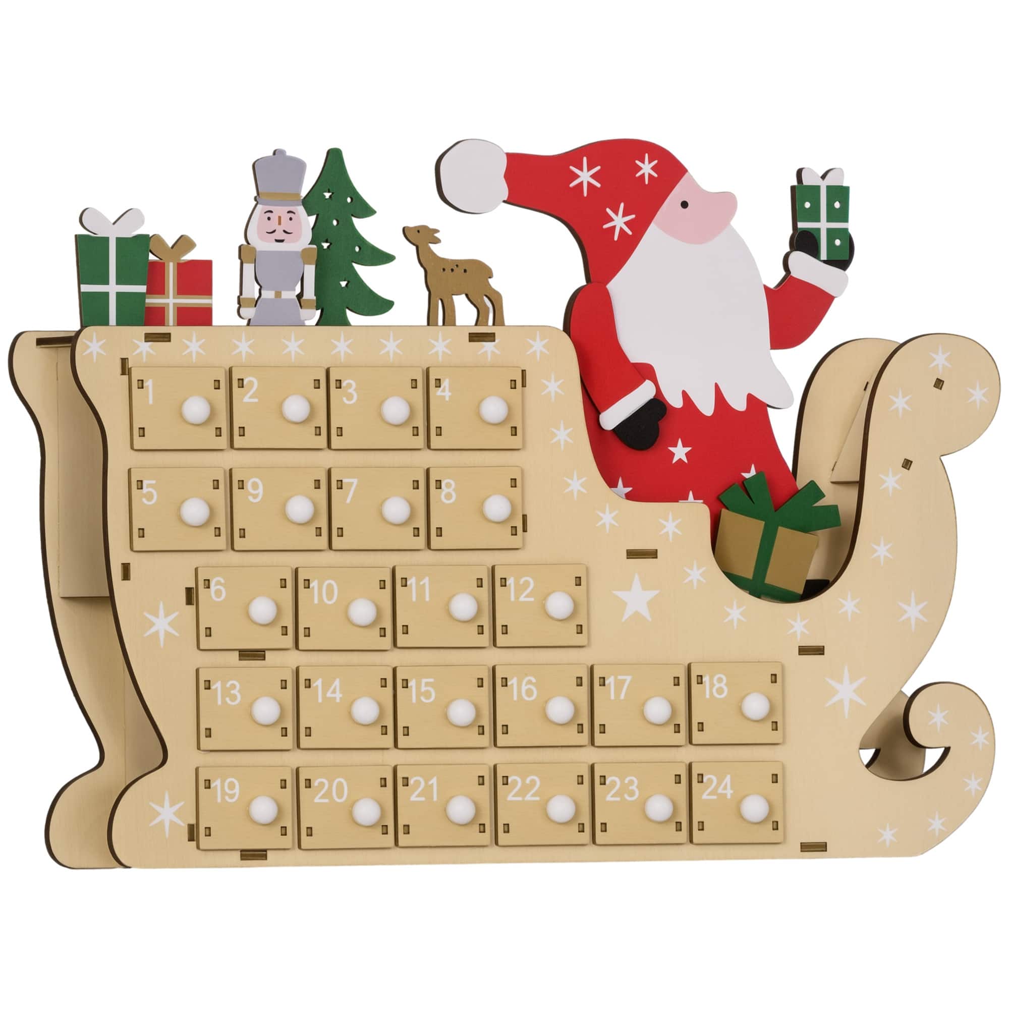 Front. Homcom - Reusable Wooden Advent Calendar with 24 Drawers, Christmas Countdown Gift - Natural Wood.