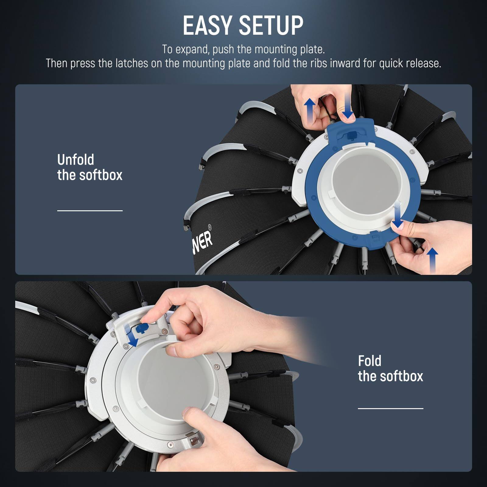 EASY SETUP

To expand, push the mounting plate. Then press the latches on the mounting plate and fold the ribs inward for quick release.

Unfold the softbox

Fold the softbox