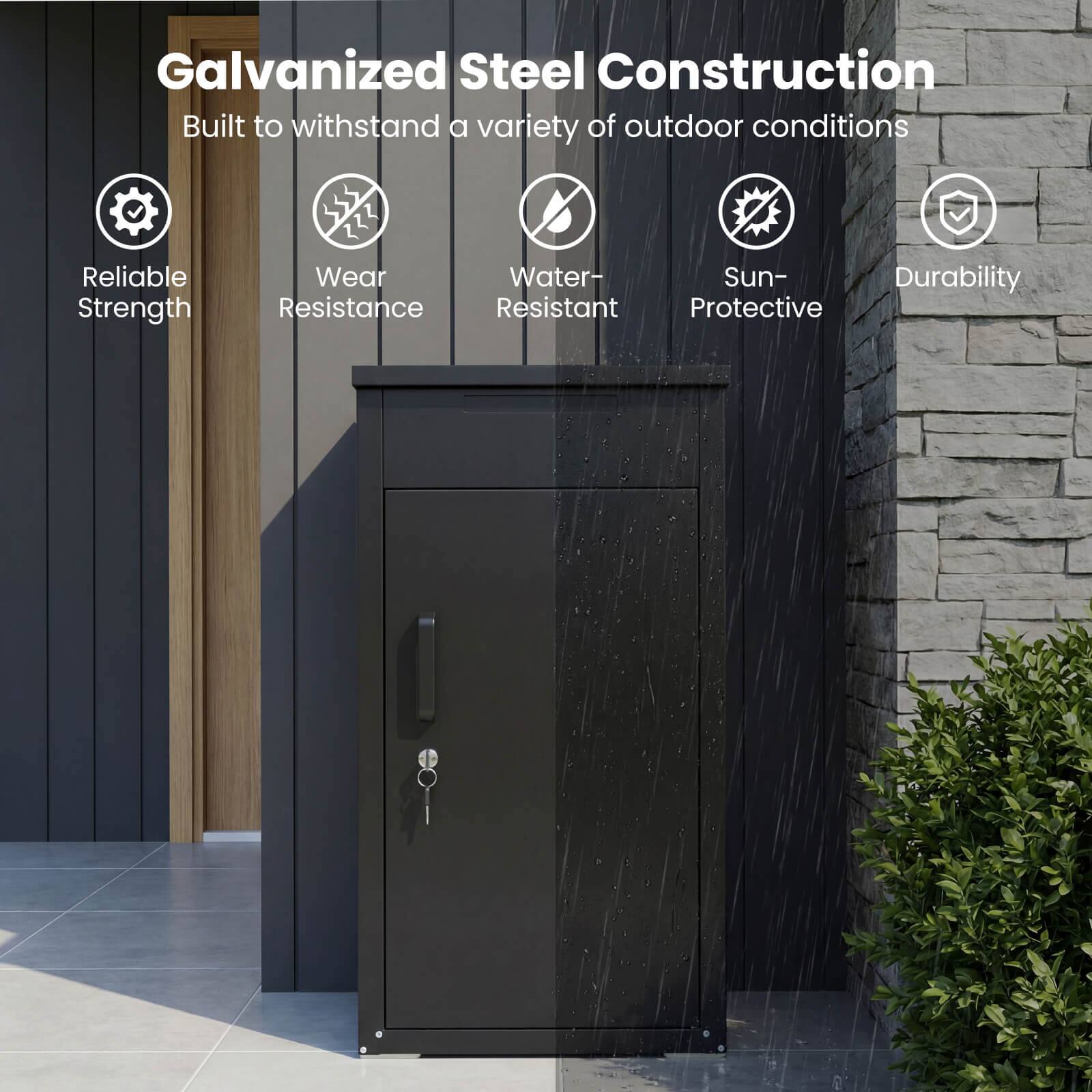 Galvanized Steel Construction  
Built to withstand a variety of outdoor conditions  

- Reliable Strength  
- Wear Resistance  
- Water-Resistant  
- Sun-Protective  
- Durability