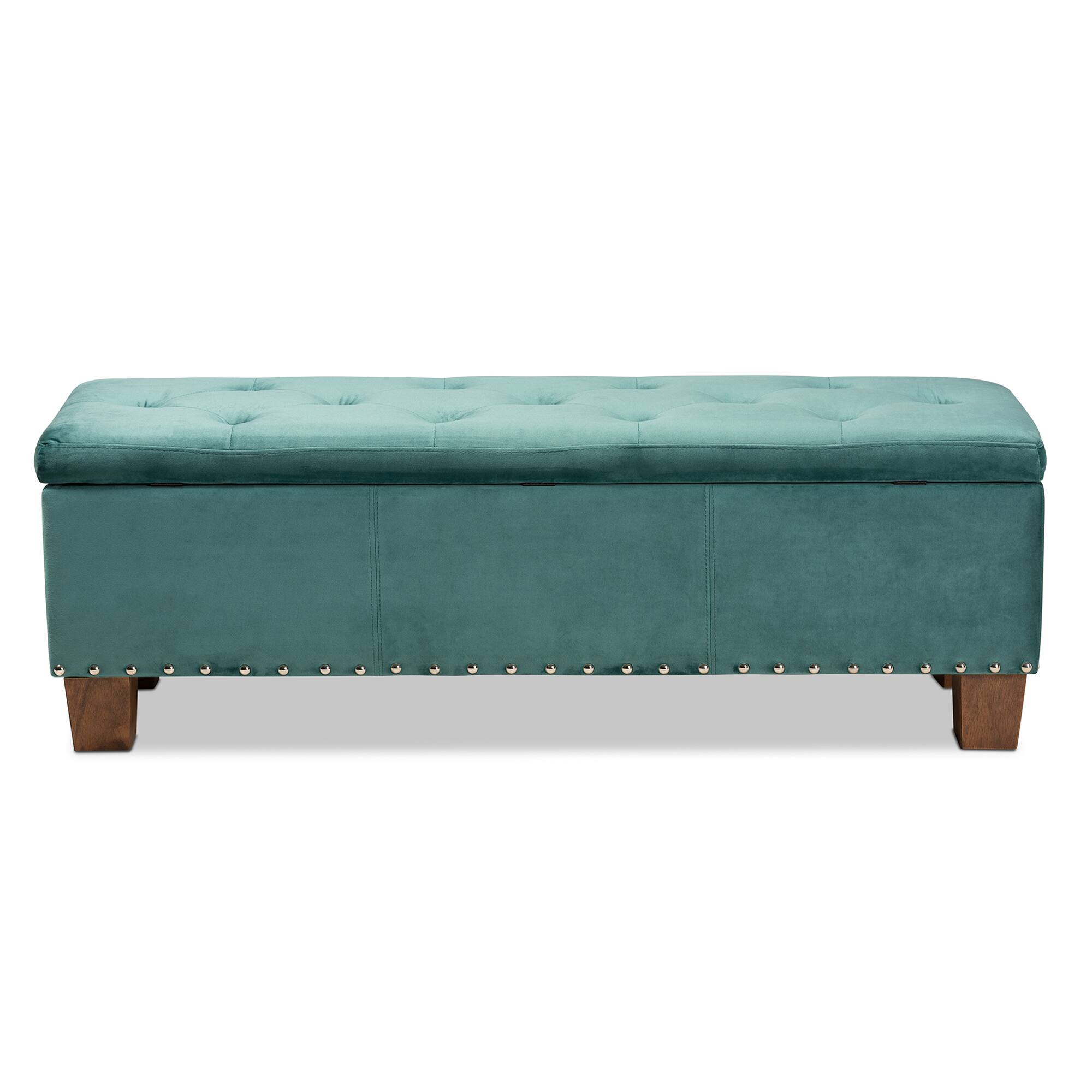 Alt View 1. Baxton Studio - Hannah Modern and Contemporary Velvet Fabric Upholstered Button-Tufted Storage Ottoman Bench - Teal Blue/Brown.