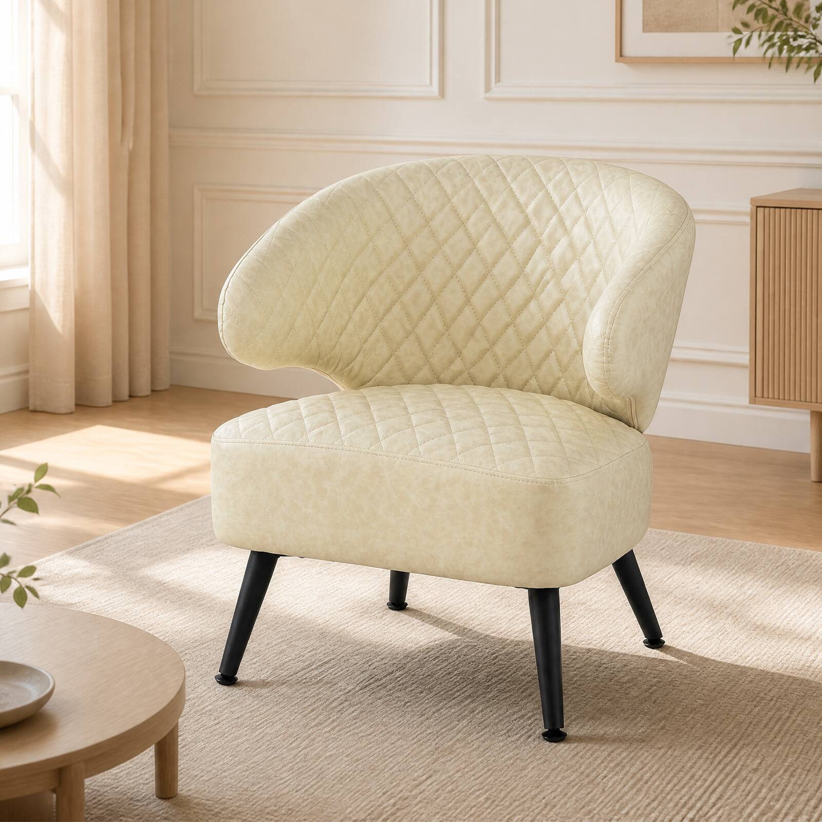 Alt View 1. Costway - Costway 1 PCS Modern Accent Chair, Comfy PU Leather Upholstered Armchair, Robust Metal Legs - Beige+Black.