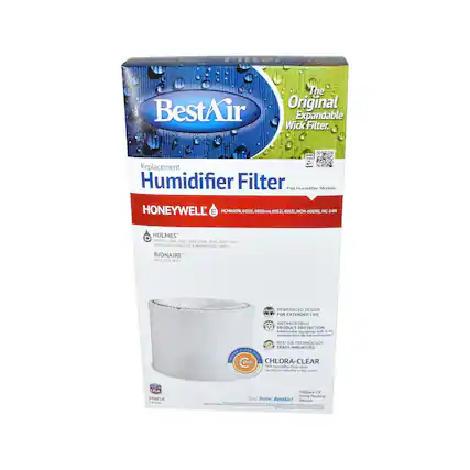 BestAir The Original Expandable Wick Filter. Replacement Humidifier Filter. Fits Humidifier Models: HONEYWELL HCM6009, HCH6009, 6011L, 6011WW, 6012, 6013L, 6015, HCM-6009, MC-14N, HOLMES M-850, 3400, 1500, 5600, 3640, WHITE-WESTINGHOUSE WW-3300, 5600, BIONAIRE W12, W14, W15. Reinforced Design for Extended Life. Antimicrobial Product Protection. Chlora-Clear Technology Traps Impurities. Neutralizes Chlorine in the Water. Made in the USA. Replace 2X a Year. Good Better BestAir! Season.