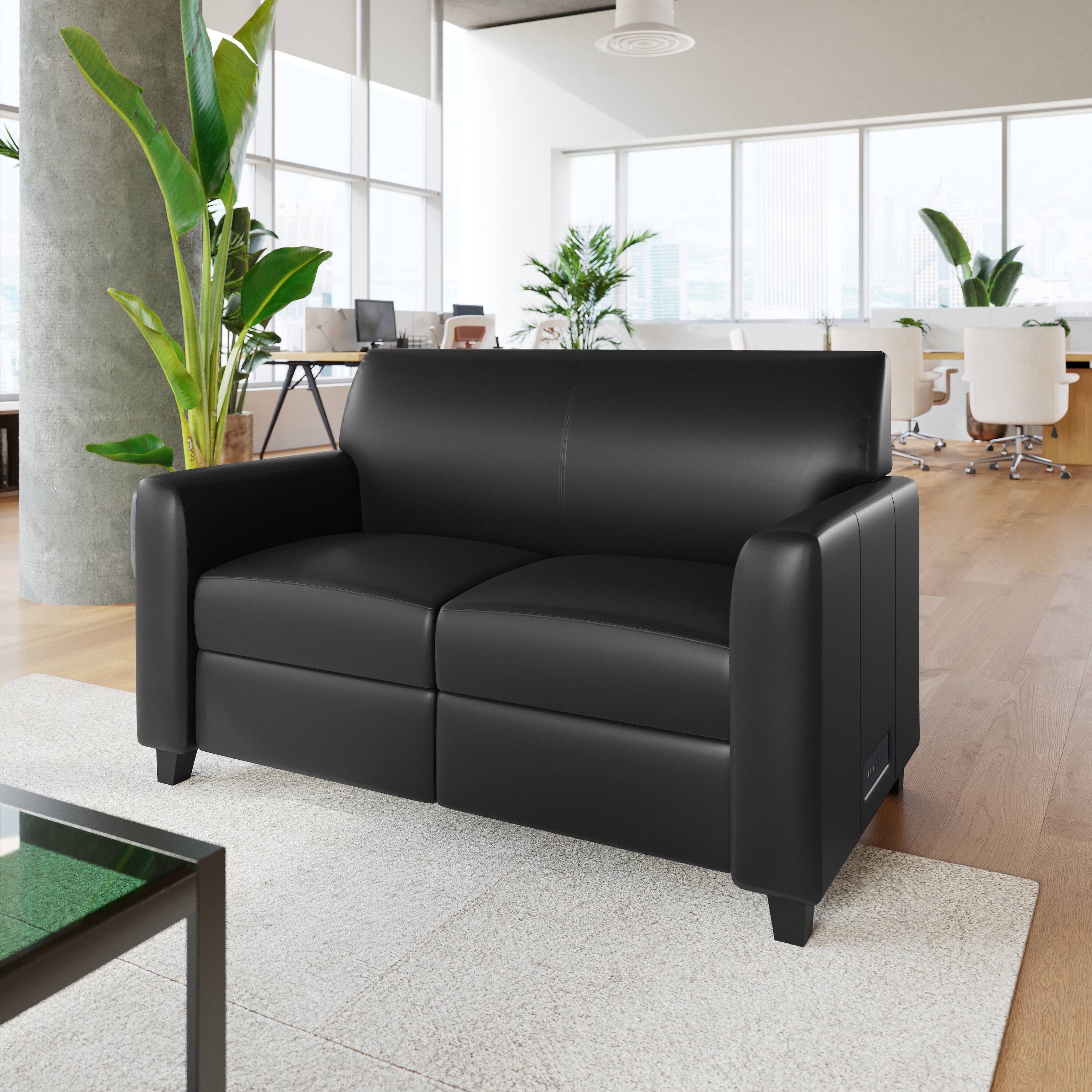 Alt View 1. Flash Furniture - Agent Black LeatherSoft Reception Loveseat with Right Side Charging Bank, Includes 2 Outlets, 2USB Ports, 1 USB-C Port, - Black.