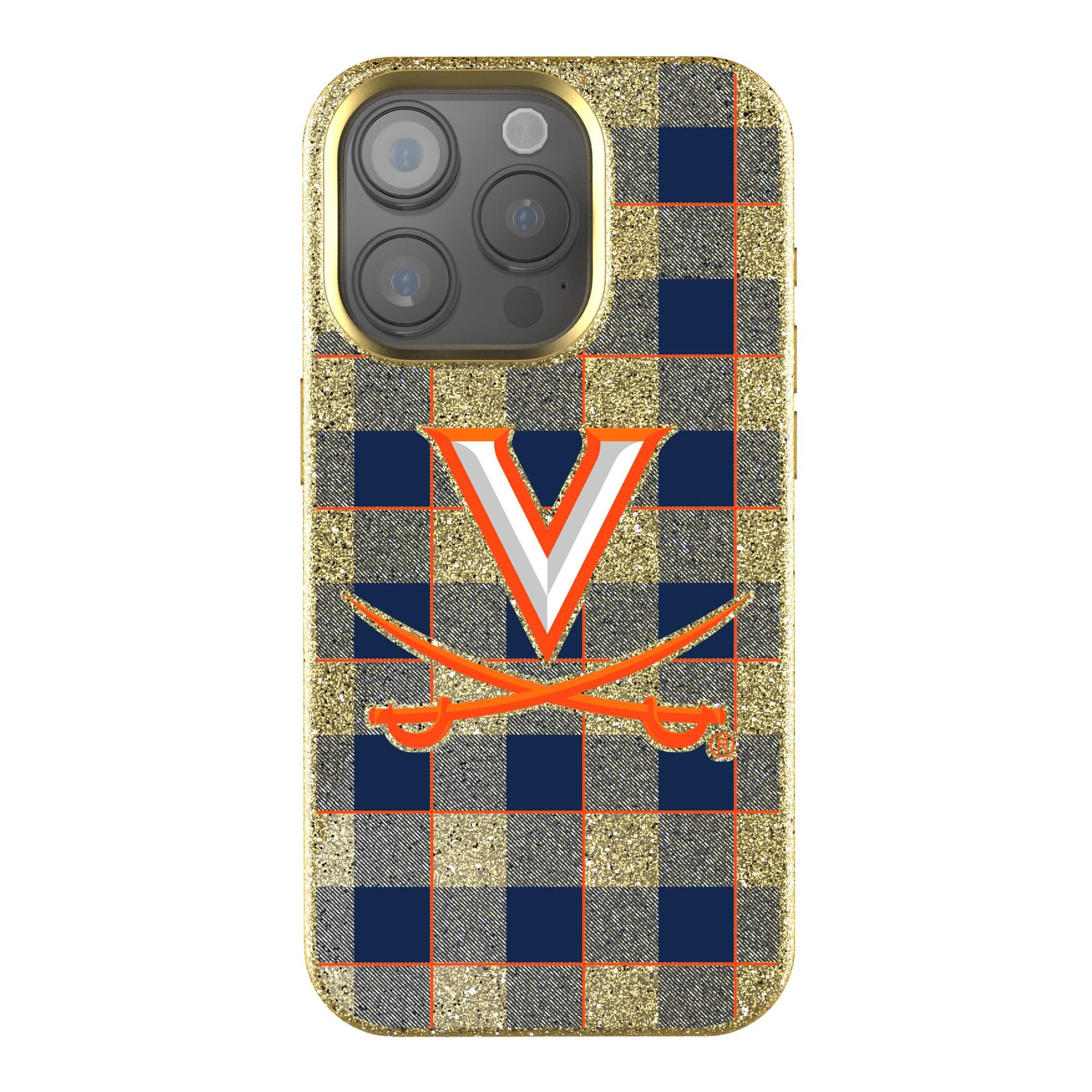 Photos - Case Virginia Keyscaper - NCAA -  Cavaliers Plaid Bling iPhone  - 15 - Gold 202143064 