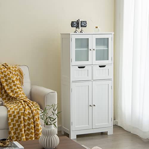 Alt View 7. Ecooso - 4 Door Freestanding Bathroom Floor Storage Cabinet with 2 Drawers and Glass Doors - White.