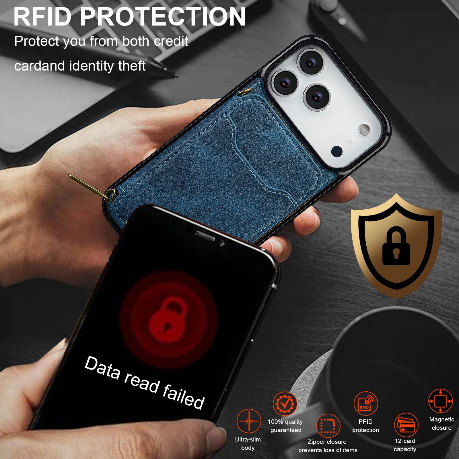 RFID PROTECTION  
Protect you from both credit card and identity theft  

Data read failed  

100% quality guaranteed protection  
Ultra-slim closure  
Zipper body prevents loss of items  
Magnetic closure  
12-card capacity  

RFID PROTECTION  
Protect you from both credit card and identity theft