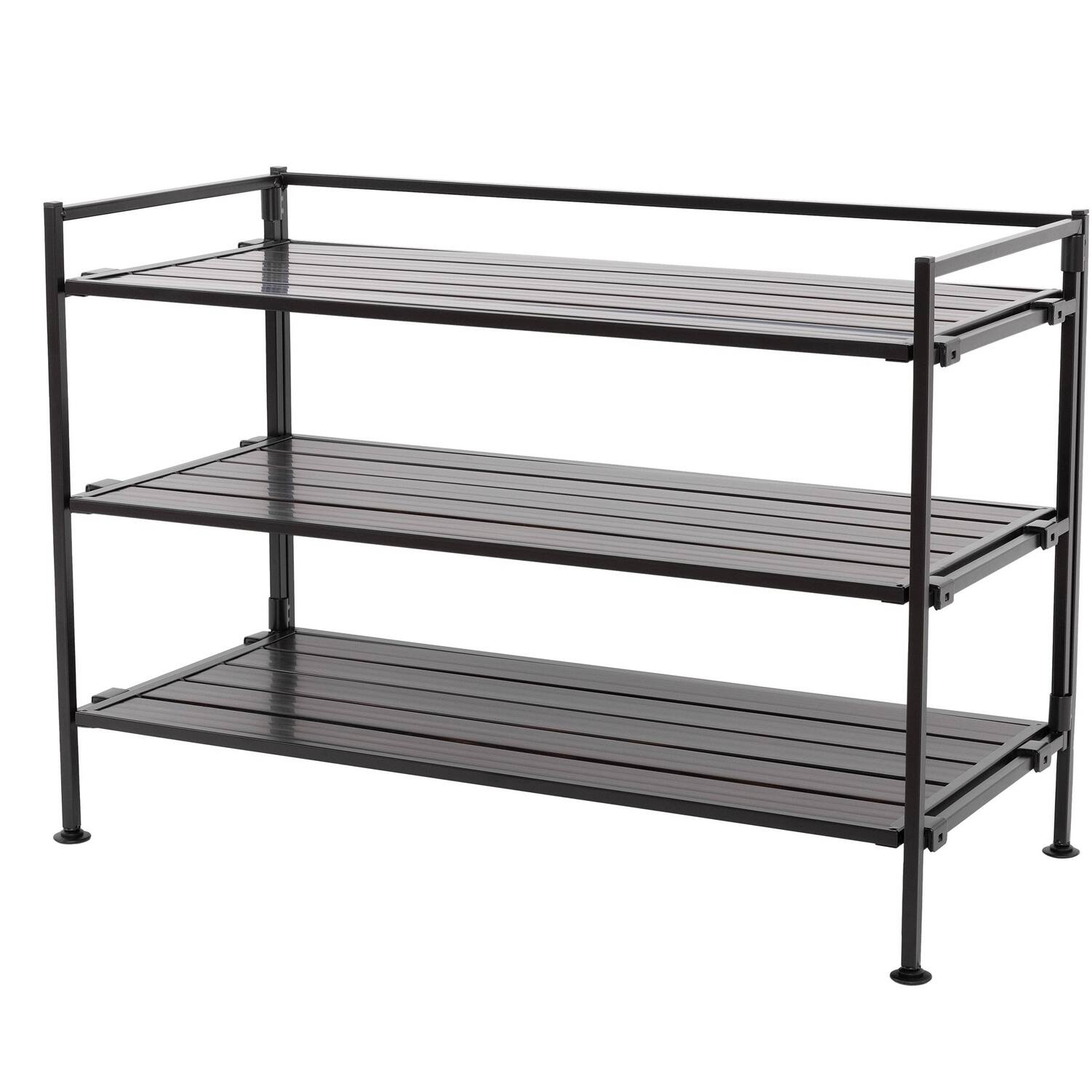 Left. Hivvago - 3-Tier Metal Espresso Brown Woodgrain Resin Foldable Stackable Shoe Rack - Espresso Brown.