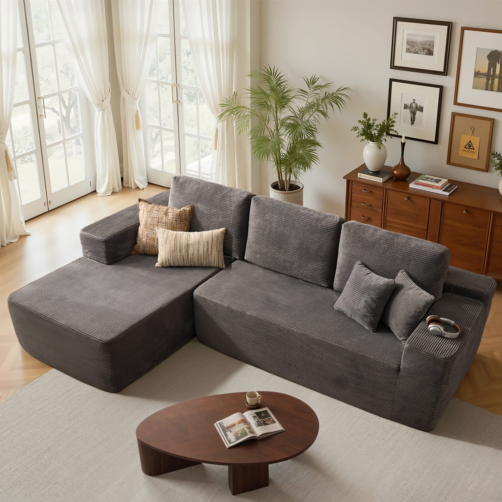 Front. Ovios - 104" Modular Sectional Sofa with Chaise, Modern L Shaped Couch for Living Room - Grey(Corduroy, Left Facing).