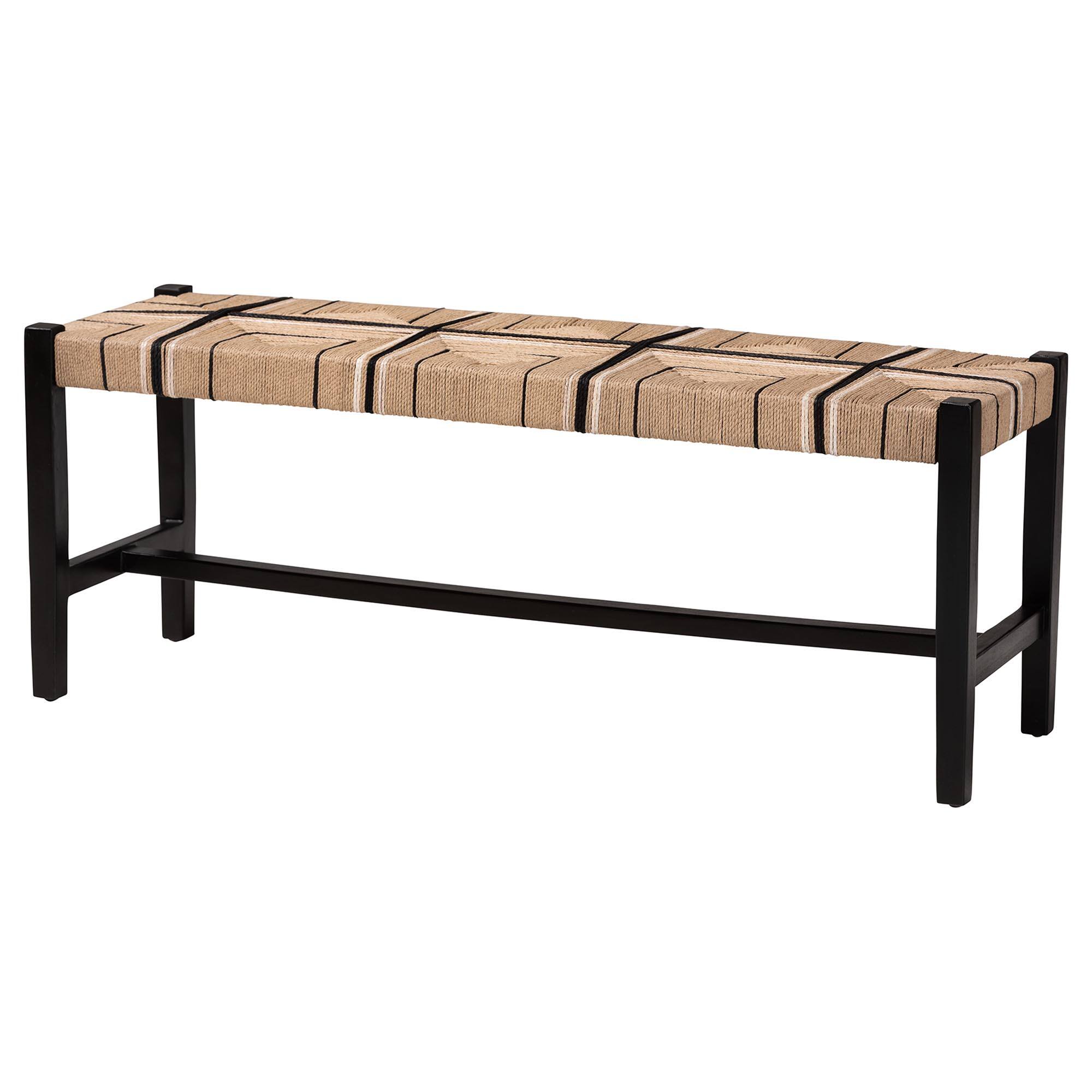 bali & pari - Prita Woven Paper Loom Bench with Mahogany Wood Frame - Handcrafted Accent Seating, Black - Brown/Black
