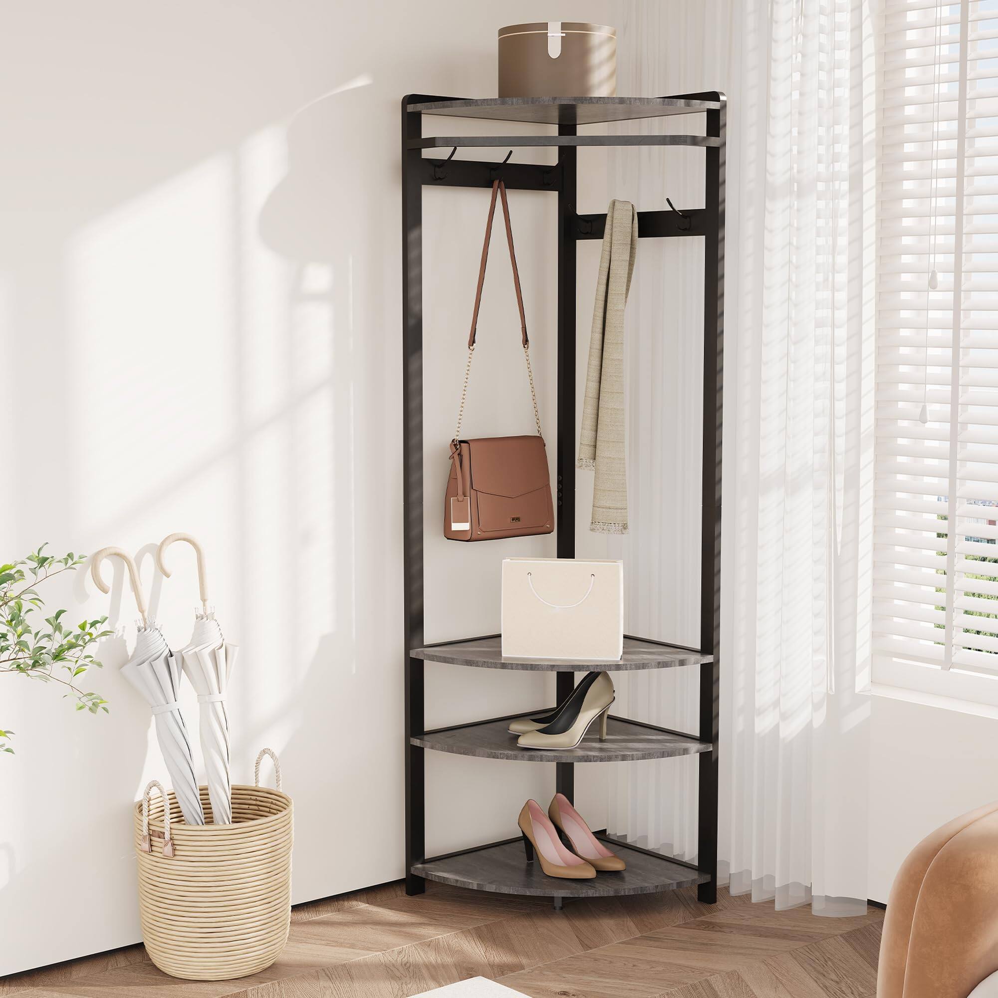 Jojoka - Corner Coat Rack with Shoe Bench, 6 Double Hooks & Storage Shelf, Space-Saving 3-in-1 Corner Hall Tree - Gray