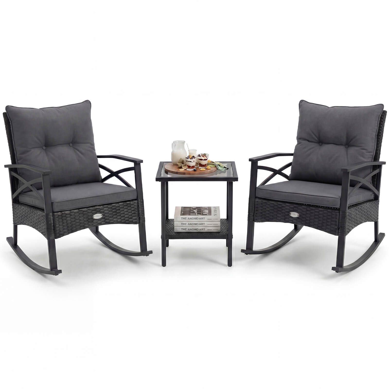 Gymax - Set of 3 Rattan Rocking Bistro Set w/Tempered Glass Tabletop & Cushions for Porch - Black price history on PriceWatchPro