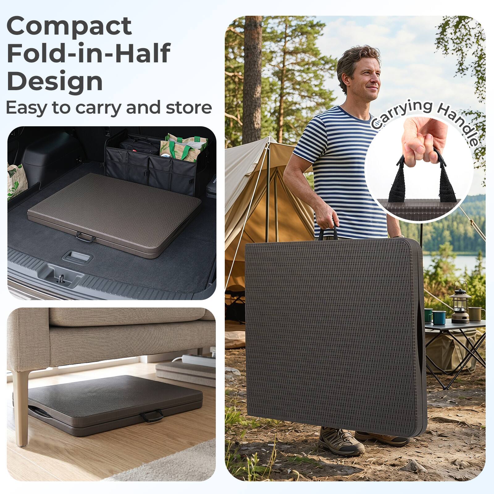 Compact Fold-in-Half Design  
Easy to carry and store  
Carrying Handle