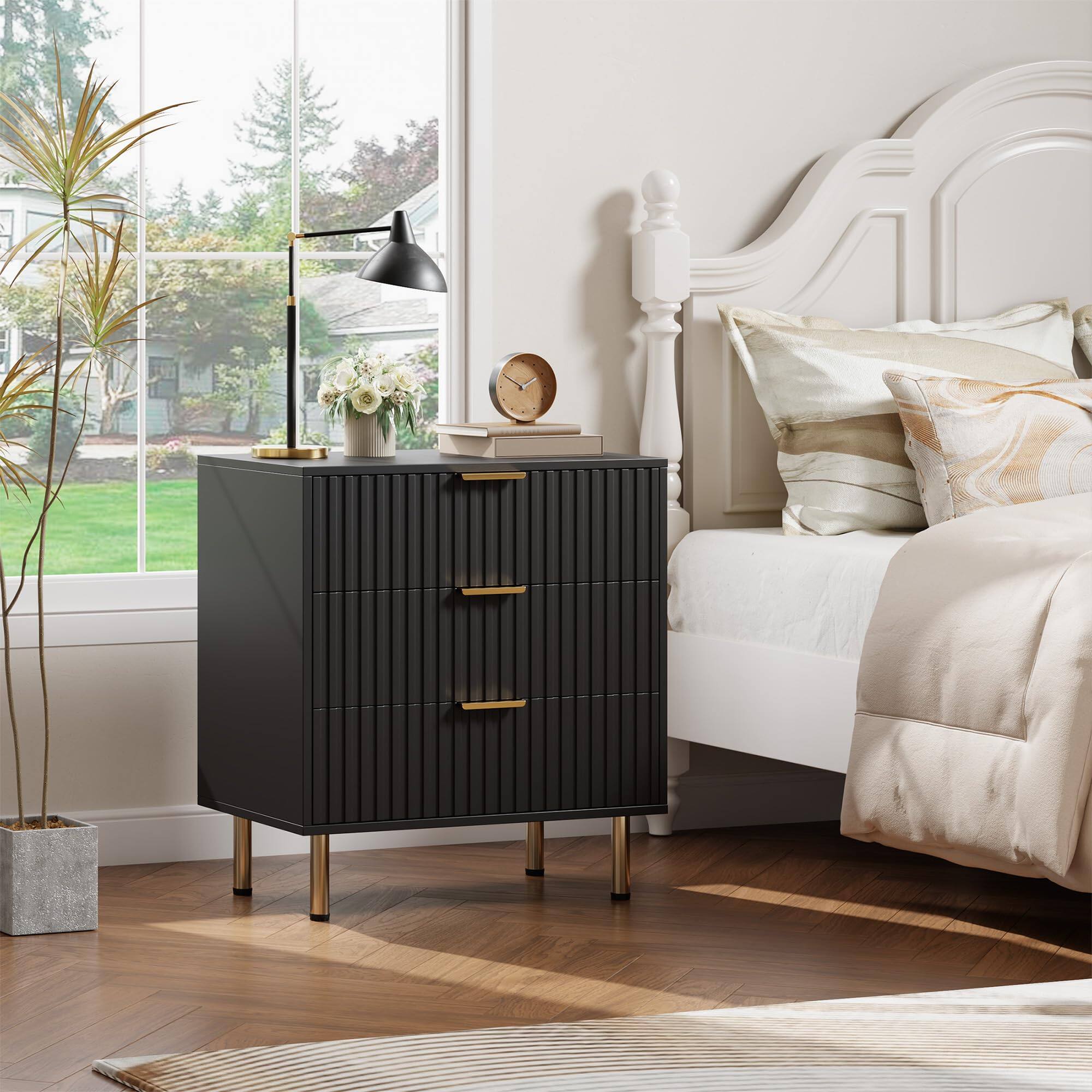 Left. Babevy - Fluted 3-Drawer Dresser with Gold Legs, Elegant Wooden Chest for Bedroom or Living Room - Black.