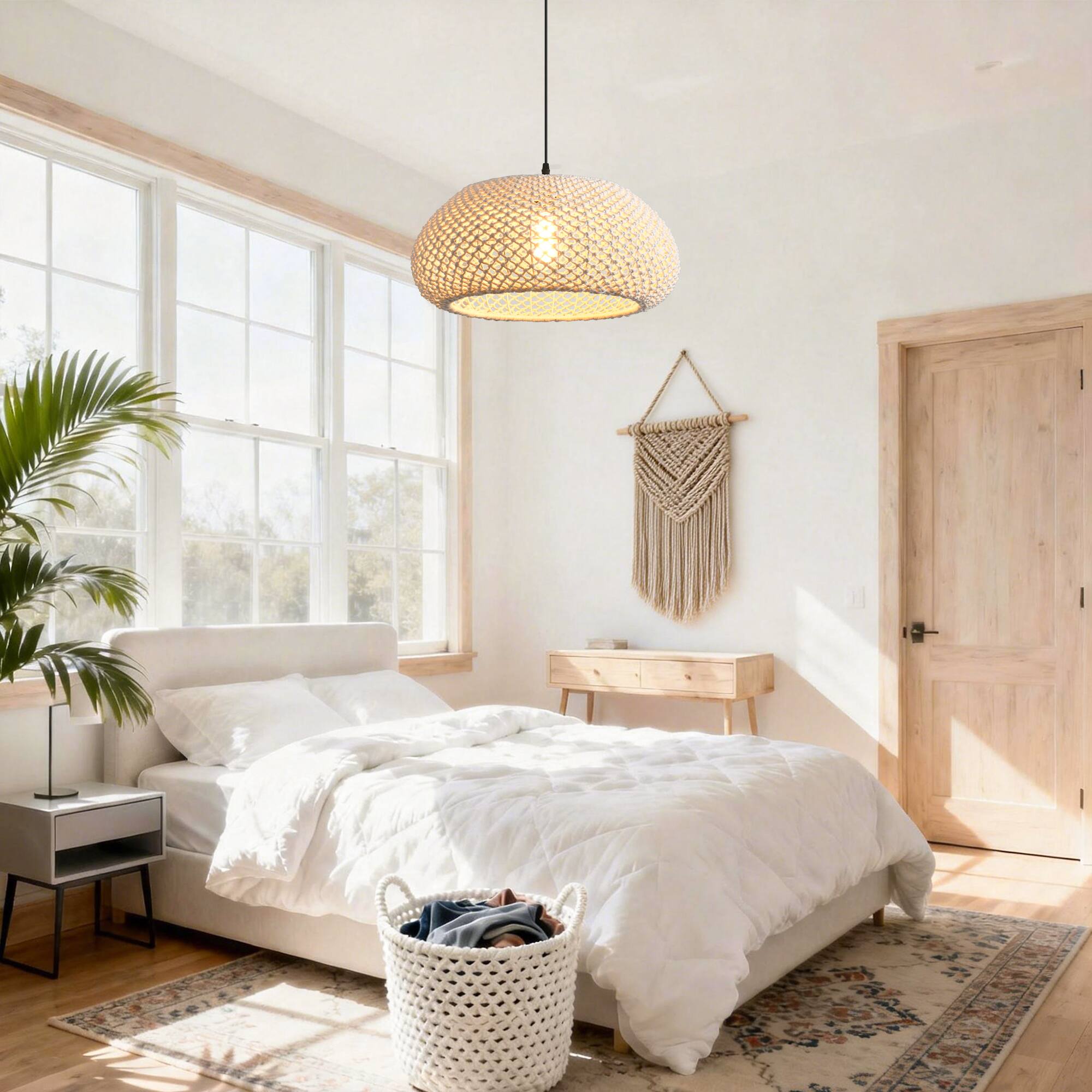 Back. Parrot Uncle - 1-Light Rustic Beige Hand-Woven Cotton Hanging Basket Pendant Light.