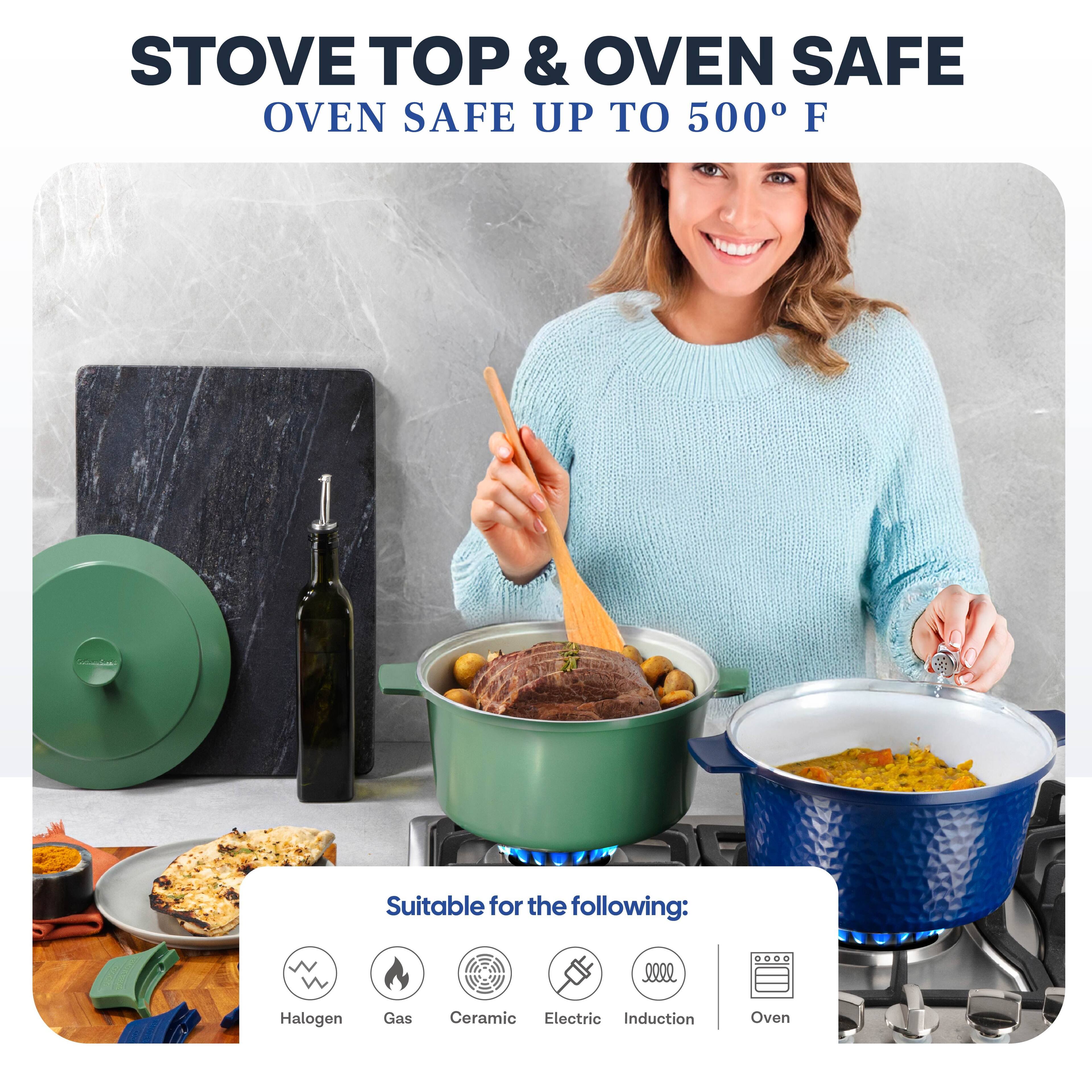 STOVE TOP & OVEN SAFE  
OVEN SAFE UP TO 500° F  

Suitable for the following:  
- Halogen  
- Gas  
- Ceramic  
- Electric  
- Induction  
- Oven