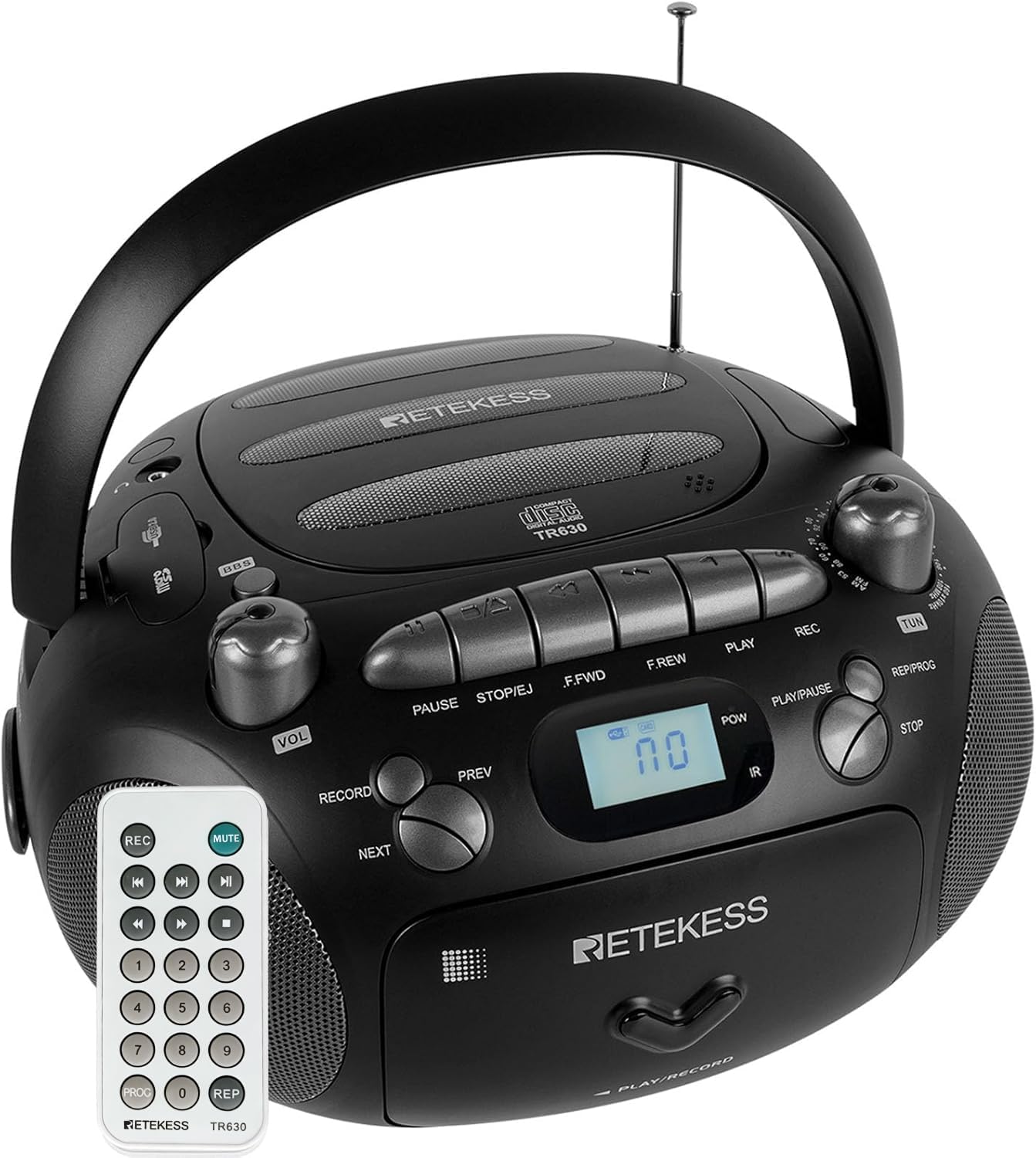 RETEKESS  
BBS  
disc TR630  
83  
VOL RECORD  
REC PLAY F.REW .F.FWD PAUSE STOP  
PLAY/PAUSE POW  
PREV  
TUN REP/PROG STOP  
REC MUTE  
1 2 3 4 5 6 7 8 9 PROG 0 REP  
NETEKESS TR630  
NEXT  
ETEKESS PLAY/RECORD