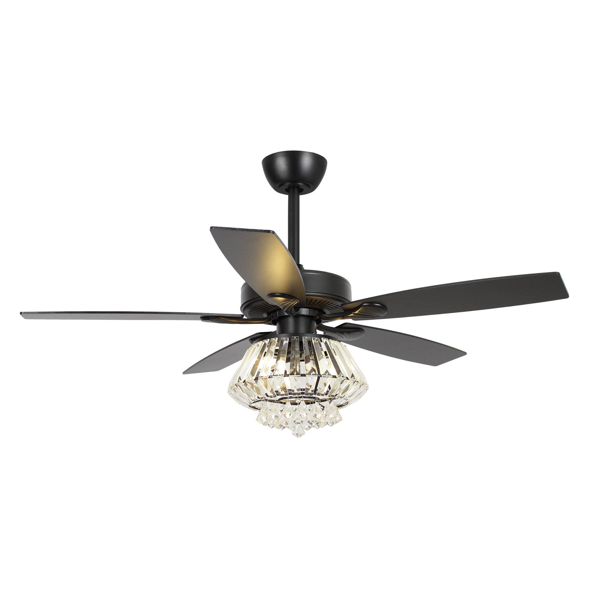Alt View 1. Parrot Uncle - 52" Modern Black 5-Blade Crystal Ceiling Fan with Remote Control - Black.