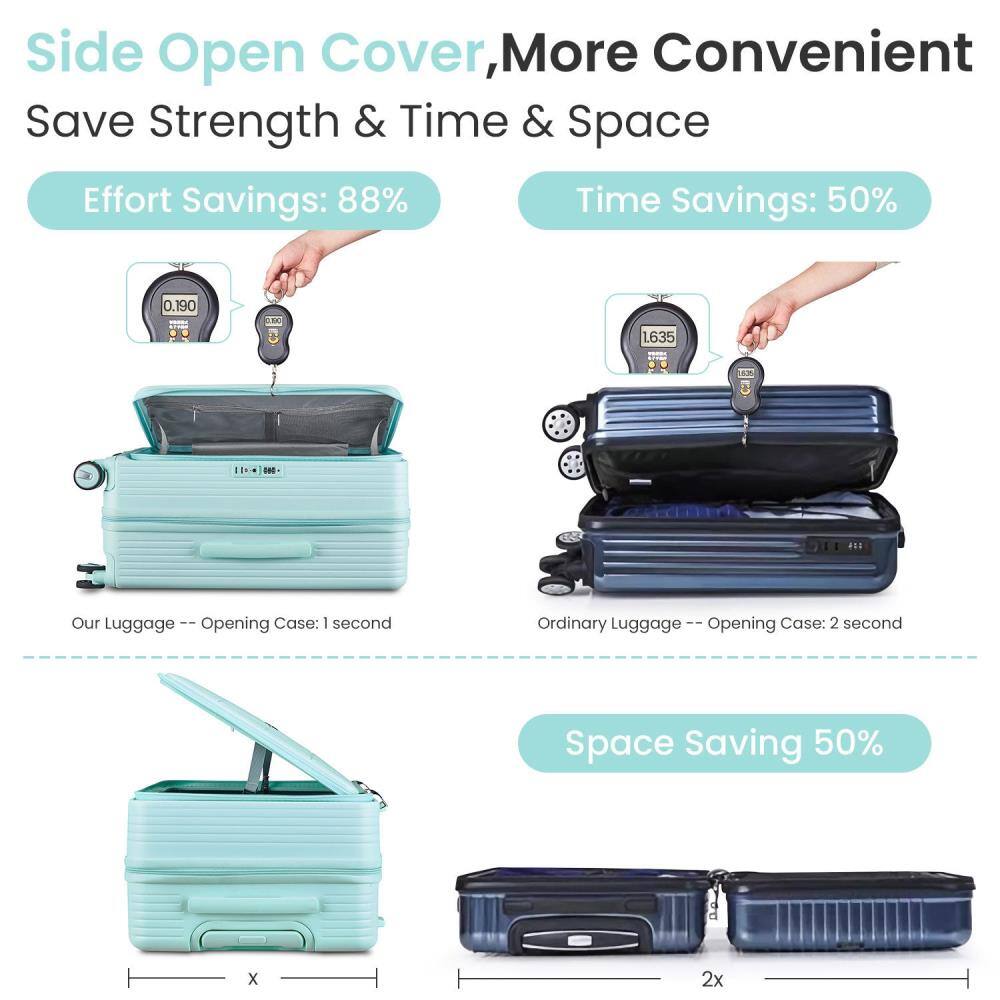 Side Open Cover, More Convenient  
Save Strength & Time & Space  

Effort Savings: 88%  
Time Savings: 50%  

Our Luggage -- Opening Case: 1 second  
Ordinary Luggage -- Opening Case: 2 seconds  

Space Saving 50%