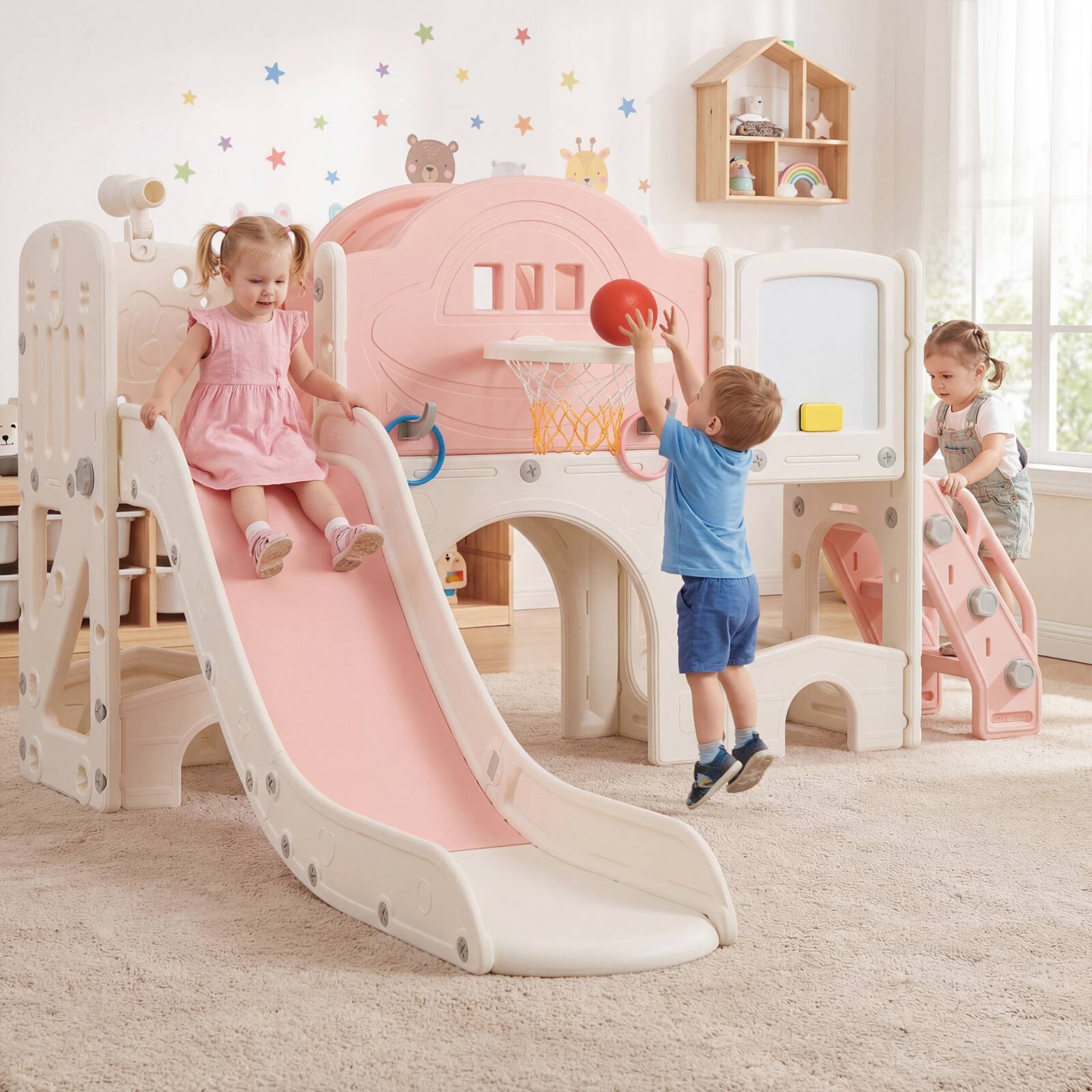 Alt View 3. Costway - Costway 10 in 1 Toddler Slide Set with Magnetic Whiteboard, Telescope Ring Toss for Ages 3+ - Pink & White.