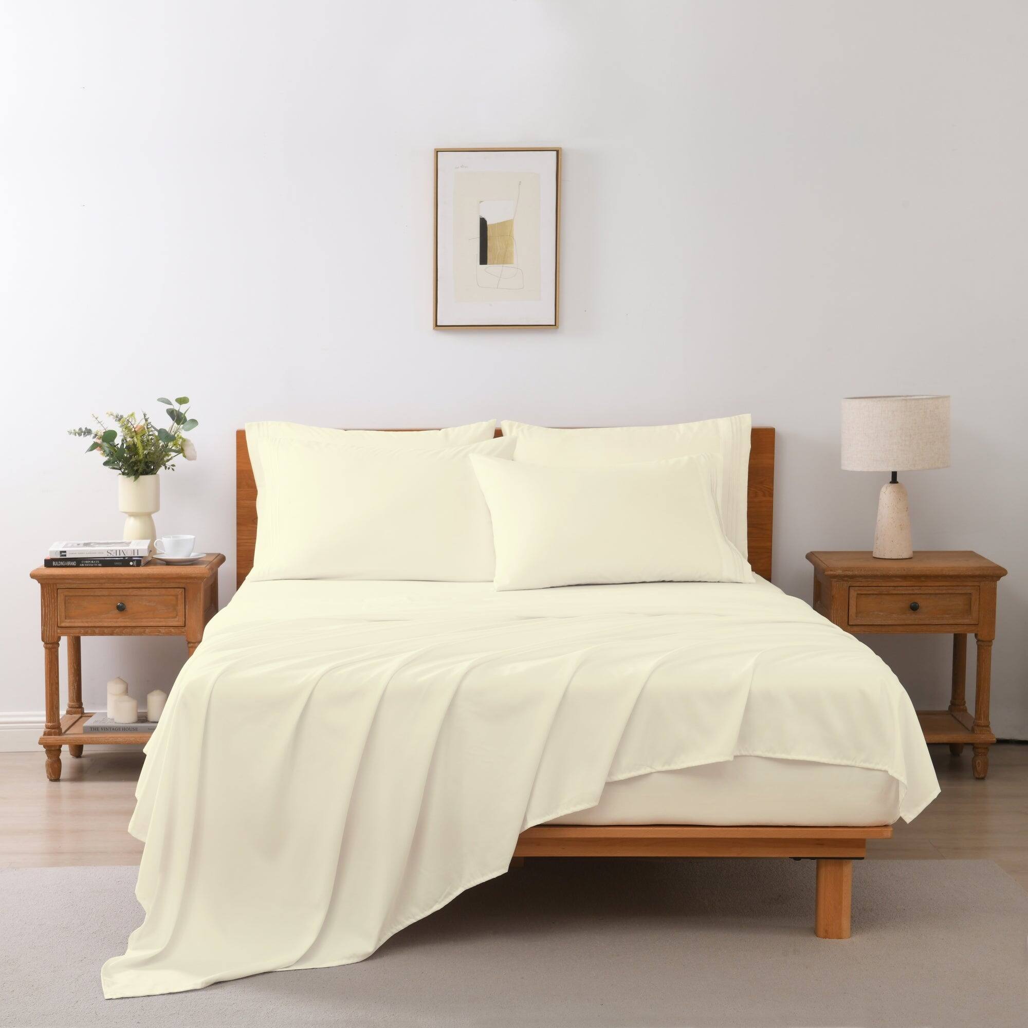 MarCielo - 3/4 Pcs Soft Solid & Embroidery Bed Sheets Set - Cream