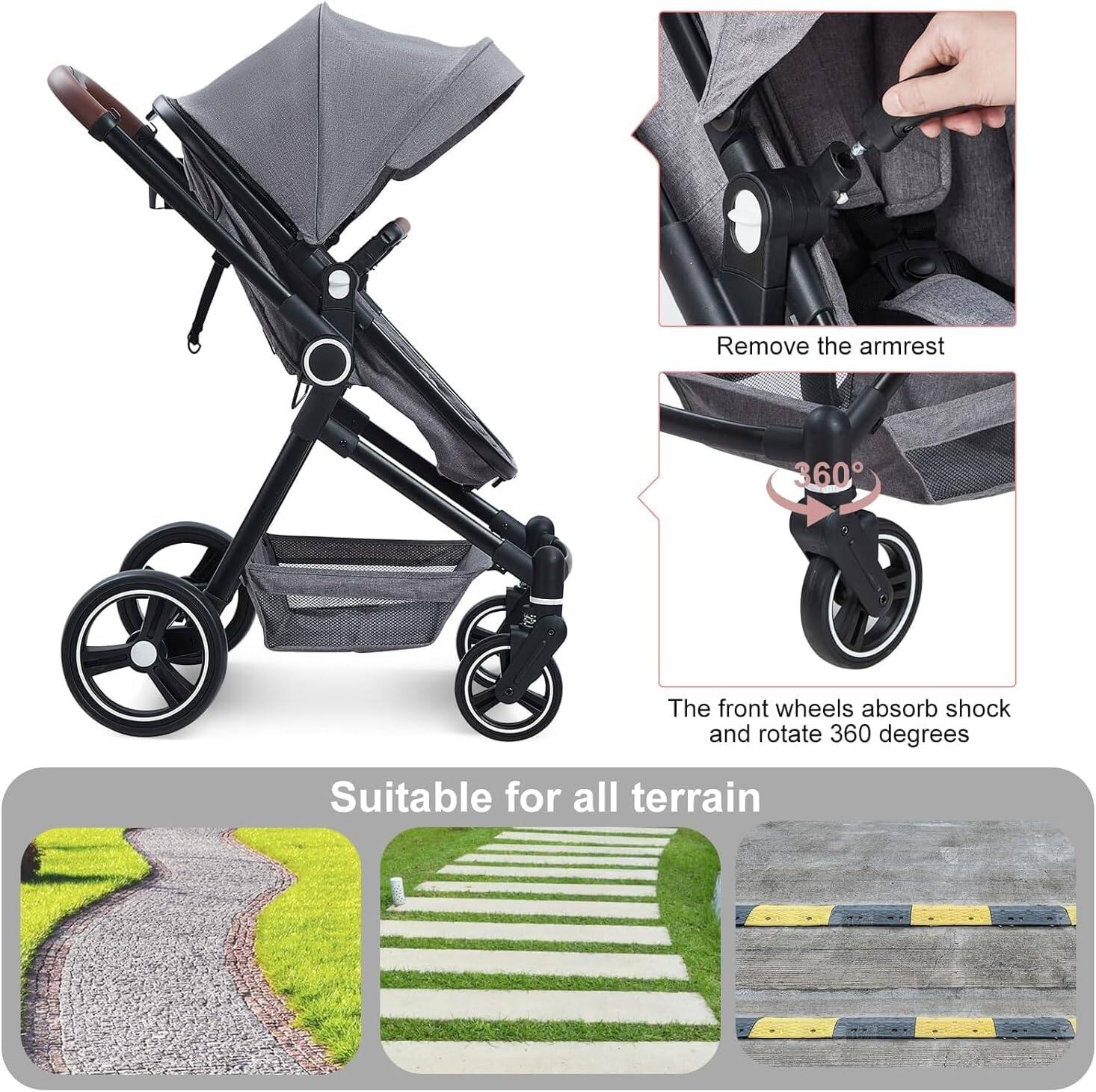 - Remove the armrest
- The front wheels absorb shock and rotate 360 degrees
- Suitable for all terrain