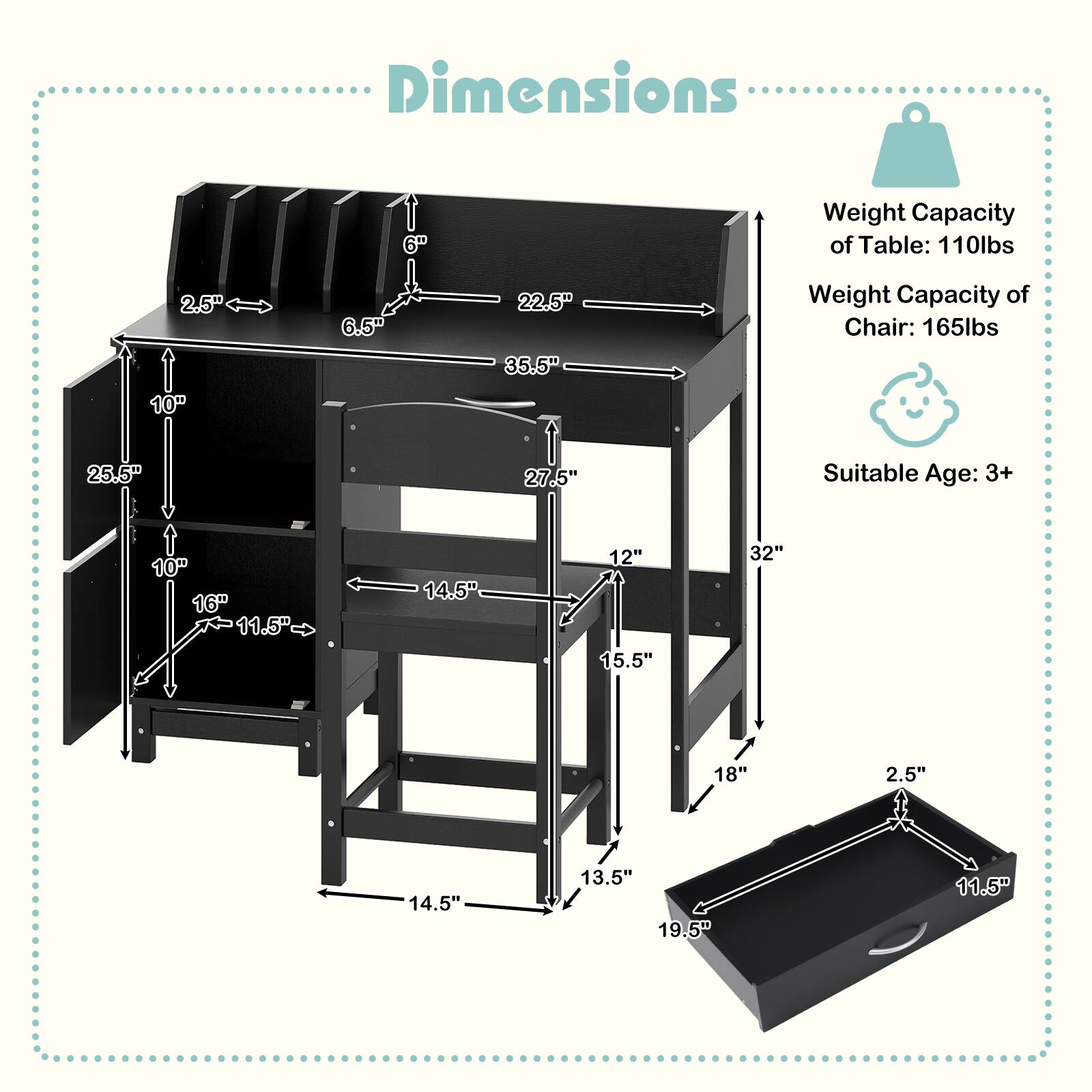 Dimensions  
Weight Capacity of Table: 110lbs  
Weight Capacity of Chair: 165lbs  
Suitable Age: 3+  

Table:  
- Height: 22.5"  
- Width: 35.5"  
- Depth: 14.5"  
- Shelf Height: 10"  
- Shelf Depth: 16"  
- Drawer Height: 2.5"  
- Drawer Width: 11.5"  

Chair:  
- Height: 25.5"  
- Width: 18"  
- Depth: 13.5"  
- Seat Height: 15.5"  
- Seat Width: 19.5"  
- Seat Depth: 11.5"