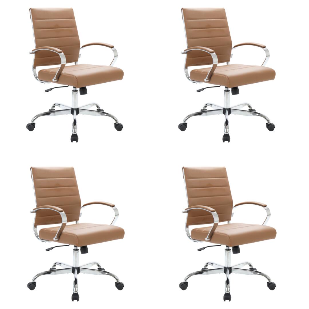 LeisureMod - Set of 4 Benmar Modern Leather Upholstered Swivel Office Chair with Ribbed Seat and Steel Frame - Brown