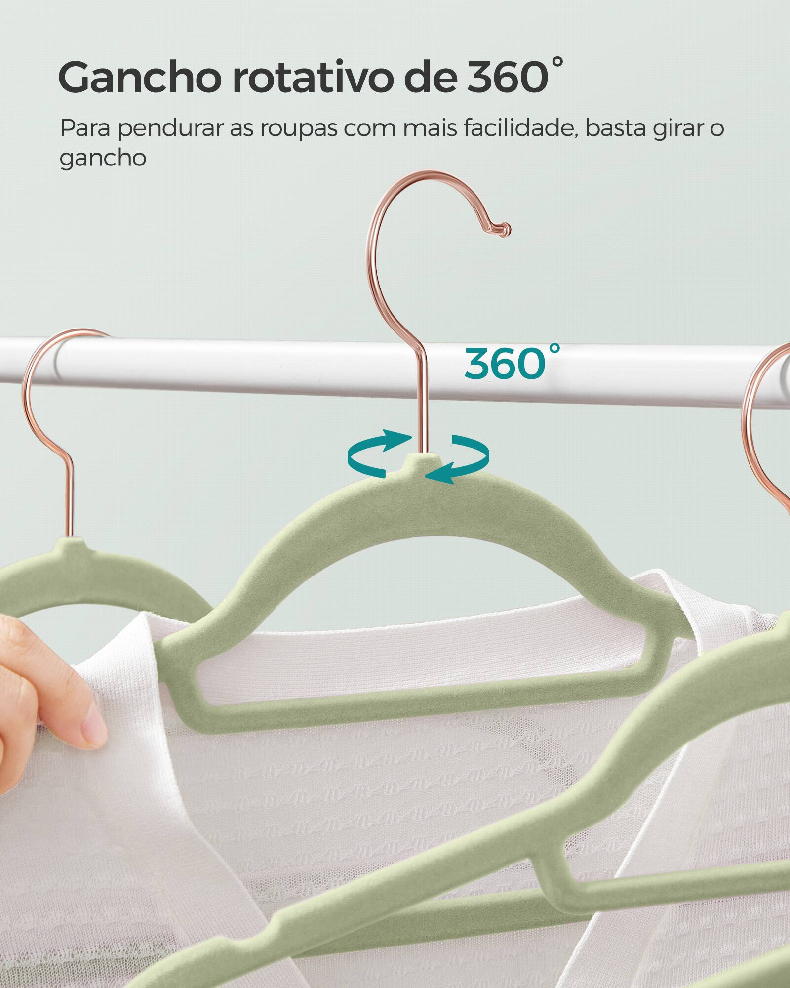 Gancho rotativo de 360°  
Para pendurar as roupas com mais facilidade, basta girar o gancho