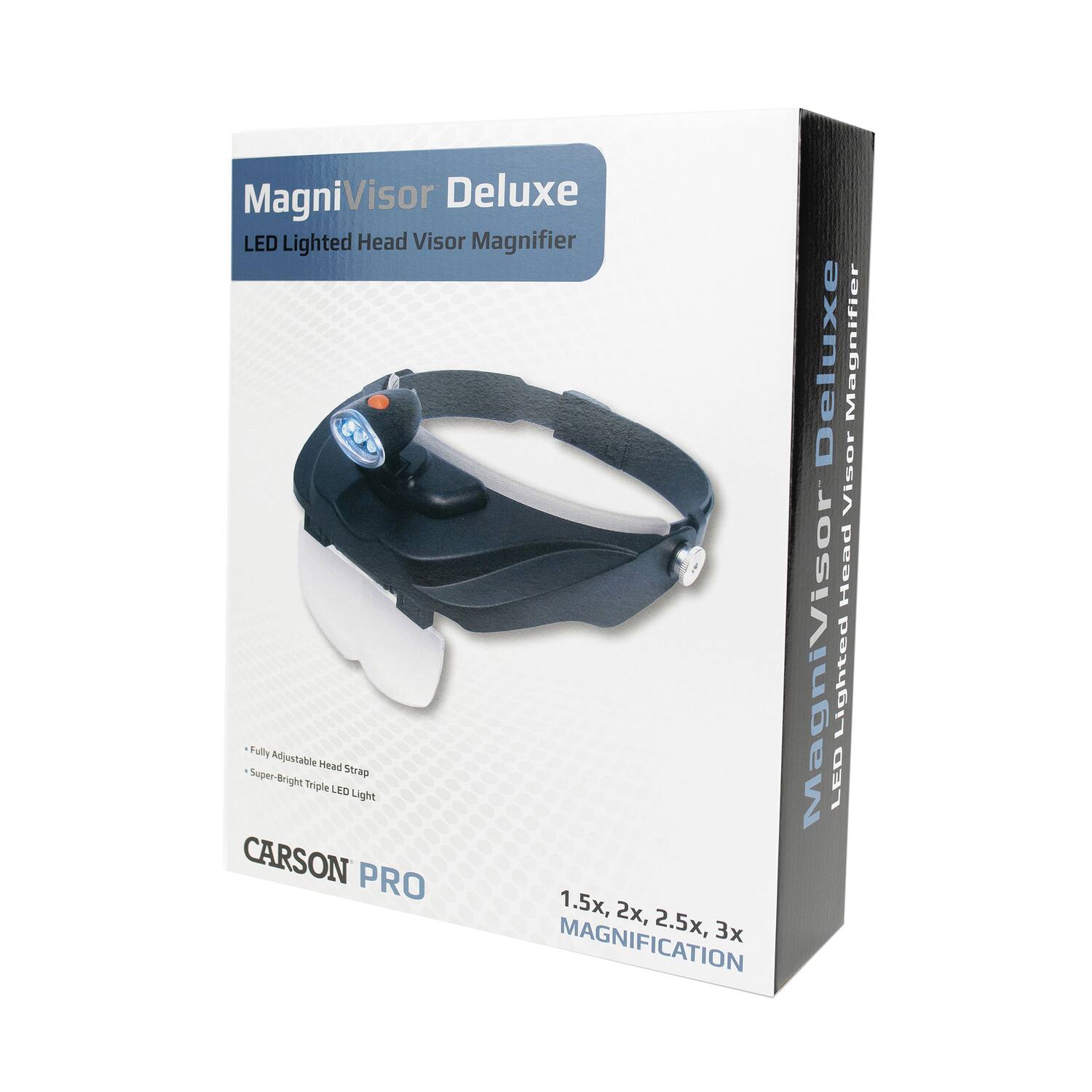 MagniVisor Deluxe LED Lighted Head Visor Magnifier  
- Fully Adjustable Head Strap  
- Super-Bright Triple LED Light  
- 1.5x, 2x, 2.5x, 3x Magnification  
CARSON PRO