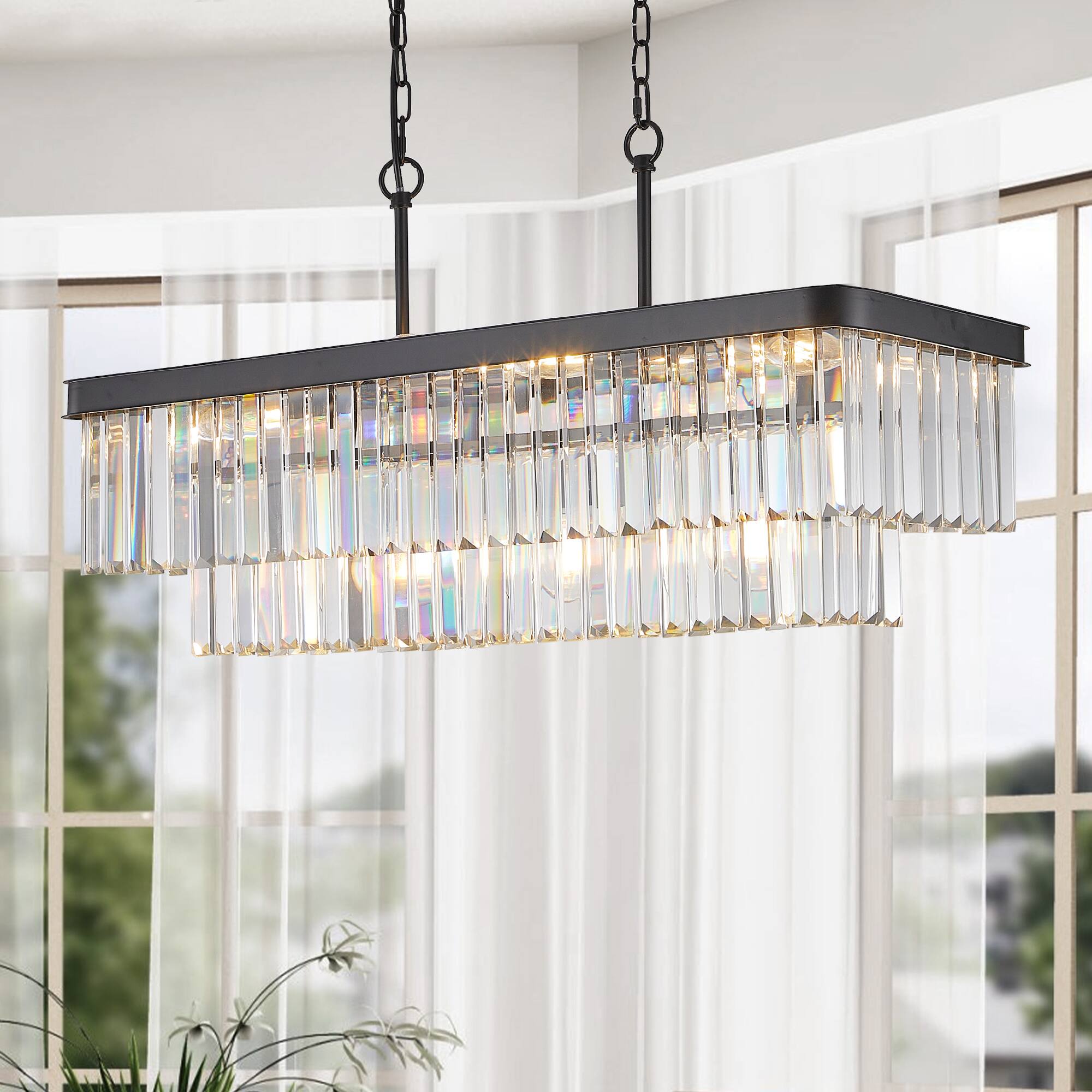 Alt View 1. Tiramisubest - Modern Industrial Rectangular Crystal Chandelier Adjustable,E12 Base,Farmhouse Iron Ceiling Light-Black(No Bulbs) - Black.