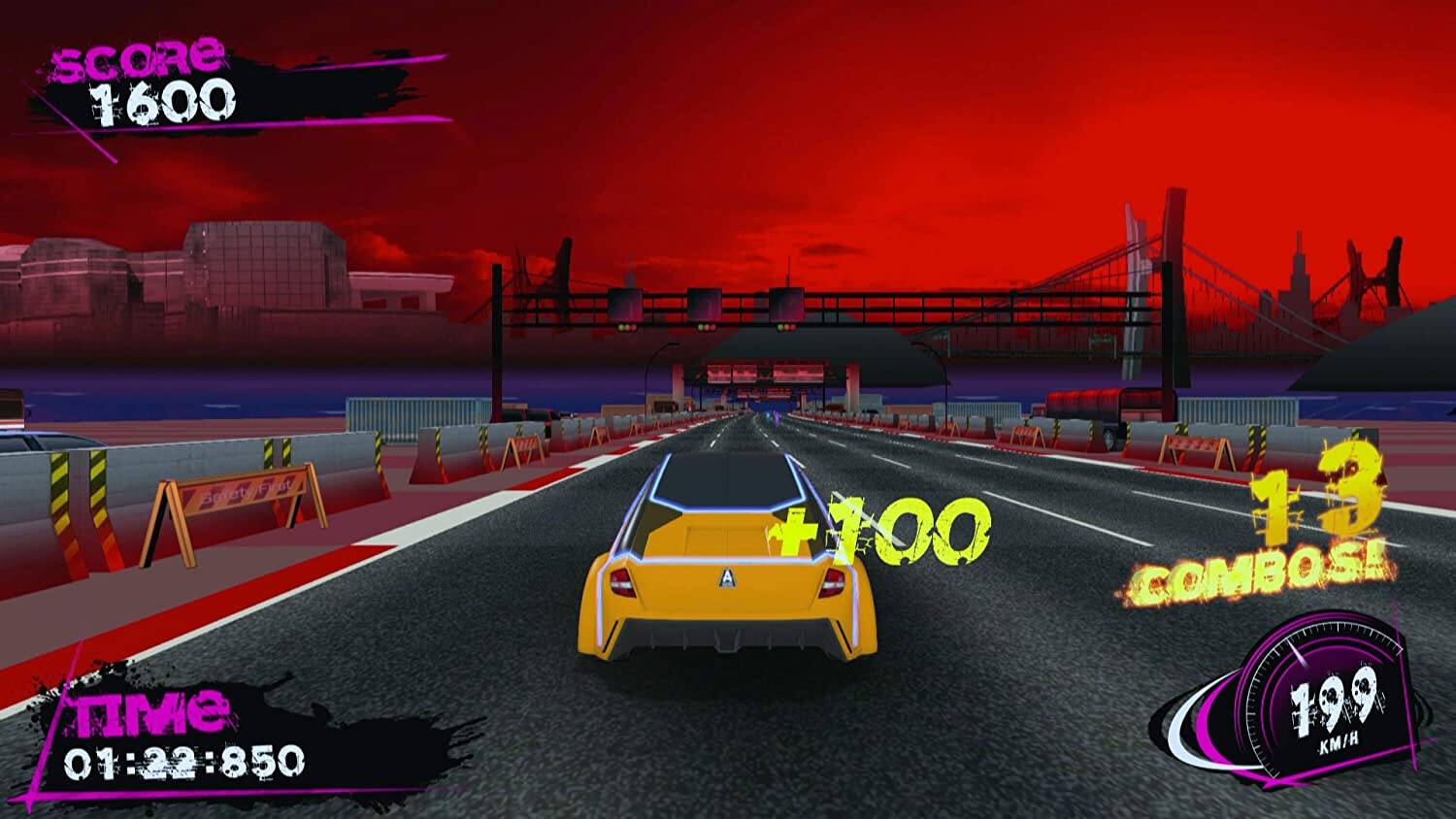 SCORE 1600  
TIME 01:22:850  
+100  
13 COMBO  
199 KM/H