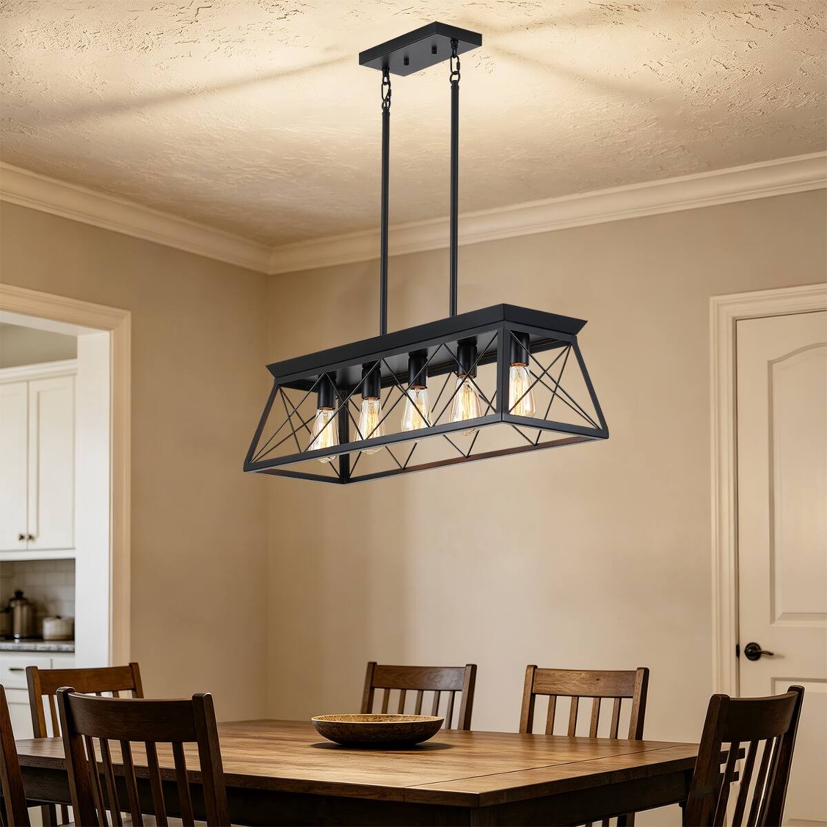 Alt View 1. Loheer - Loheer 5 Light Farmhouse Chandelier, Black Kitchen Island Pendant Light with Adjustable Height.