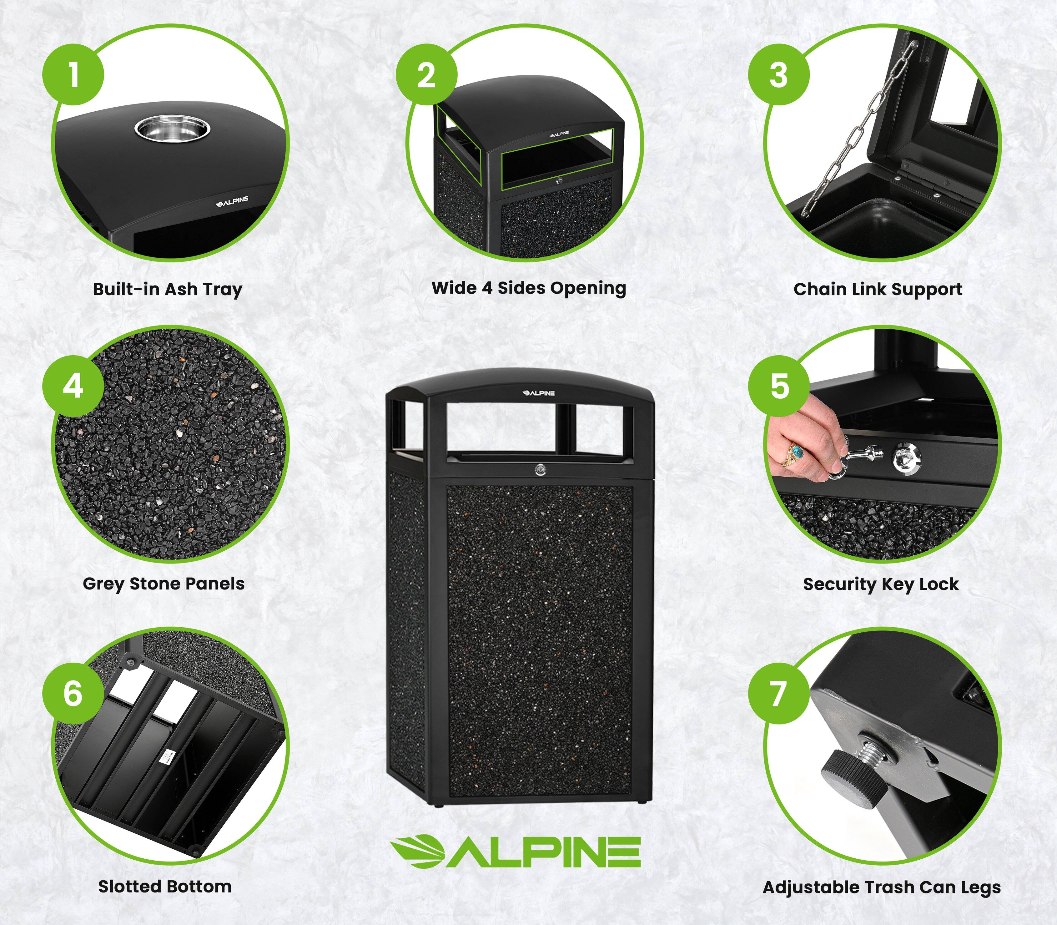 1. Built-in Ash Tray
2. Wide 4 Sides Opening
3. Chain Link Support
4. Grey Stone Panels
5. Security Key Lock
6. Slotted Bottom
7. Adjustable Trash Can Legs