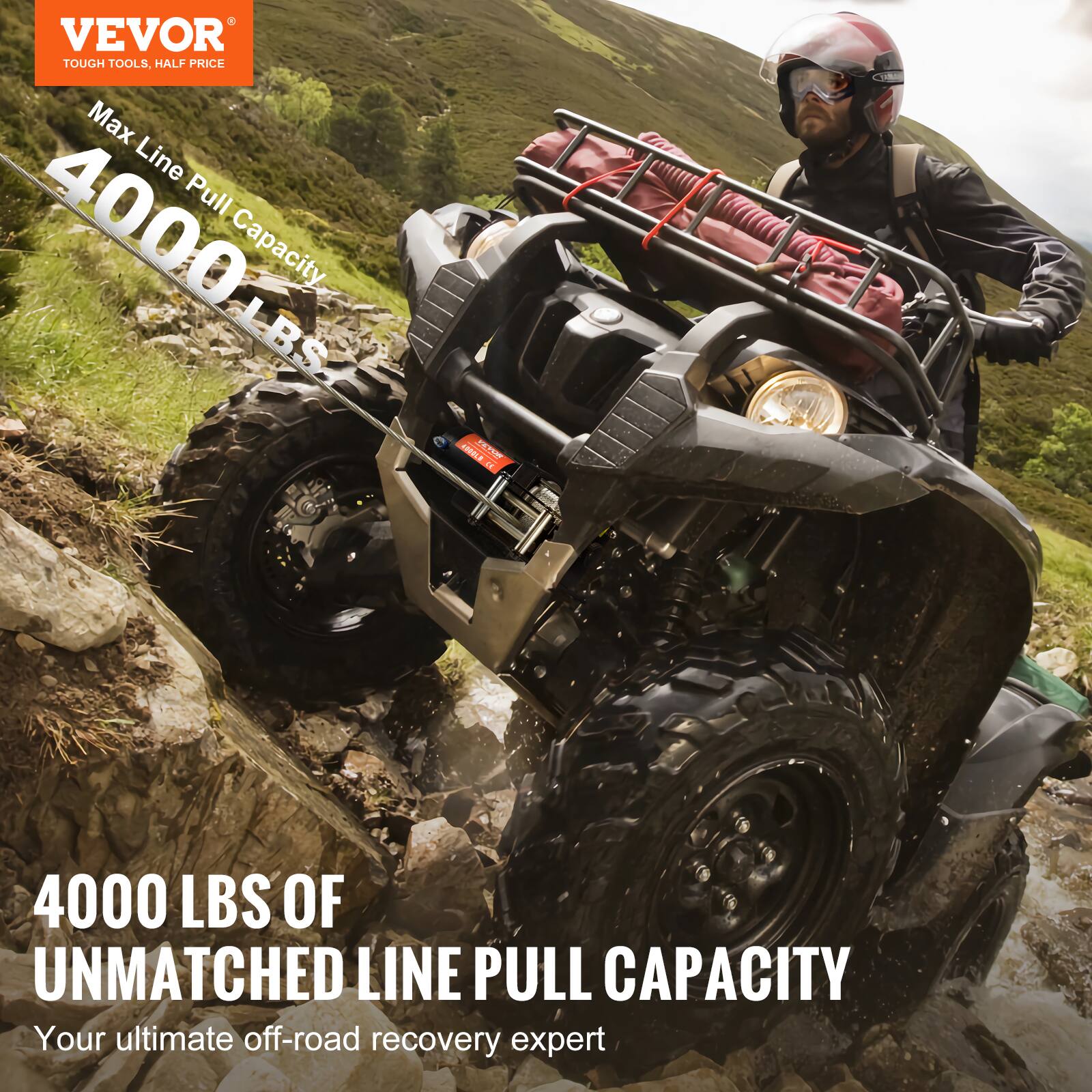 VEVOR  
TOUGH TOOLS, HALF PRICE  

Max Line Pull Capacity  
4000 LBS  

4000 LBS OF UNMATCHED LINE PULL CAPACITY  
Your ultimate off-road recovery expert