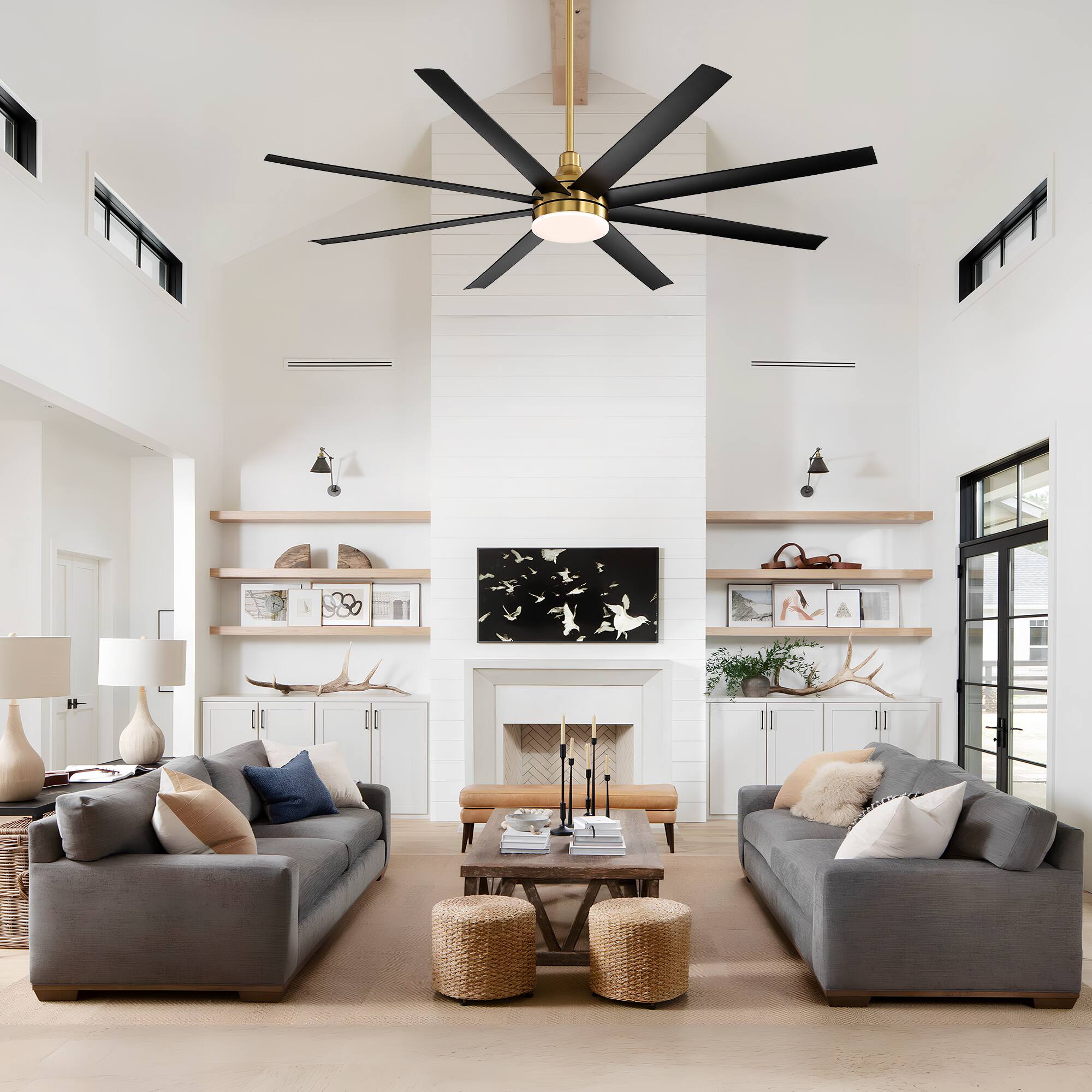 Alt View 2. Breezary - 72" Large Indoor Ceiling Fan with Remote, 8 ABS Blades, 6-Speed DC Motor, Timer, 7''/12''Downrods, Light/No Light Option - Gold and Black (With Light).