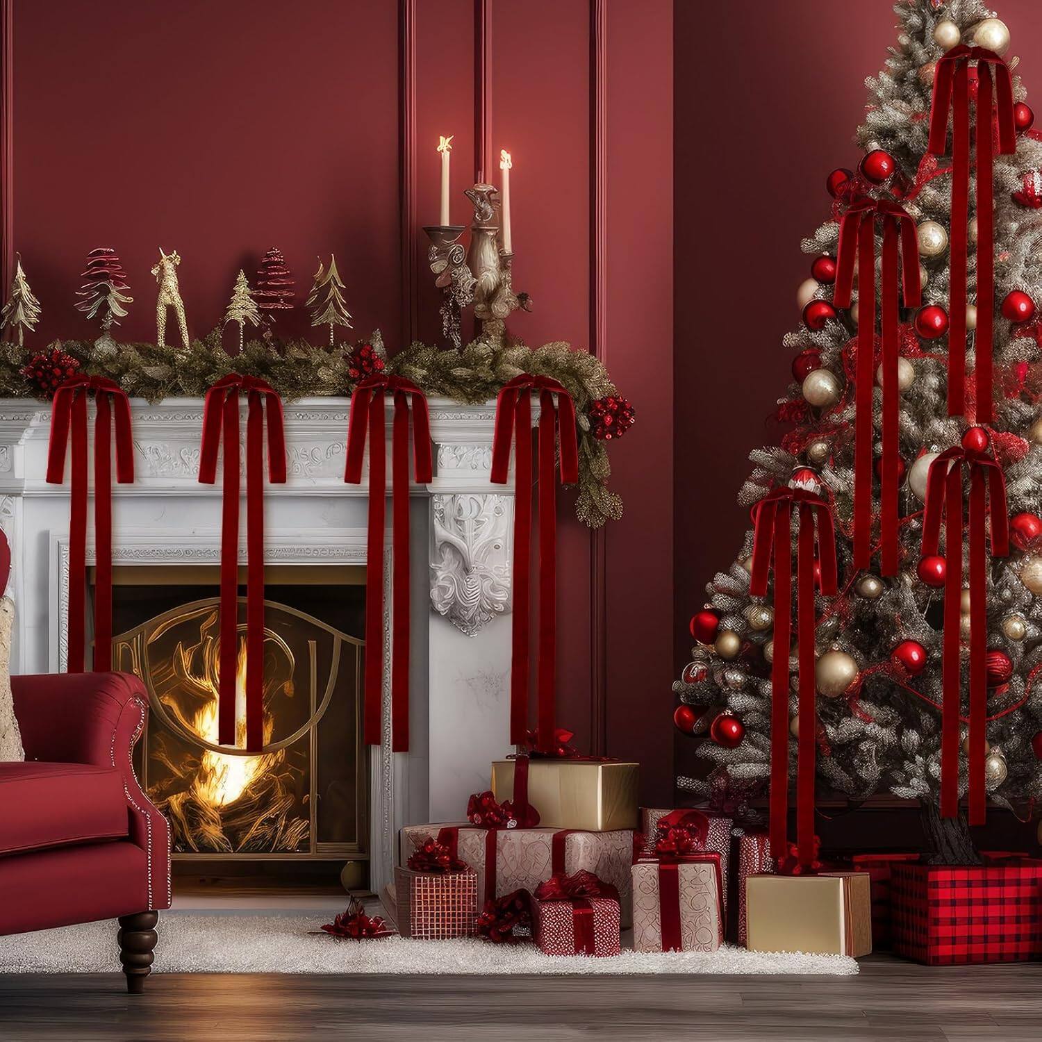 Left. Acteck - Red Long Velvet Bows Ornaments for Christmas Tree, Wreath, Garland, Swag, Staircase, Fireplace, Door - Red.