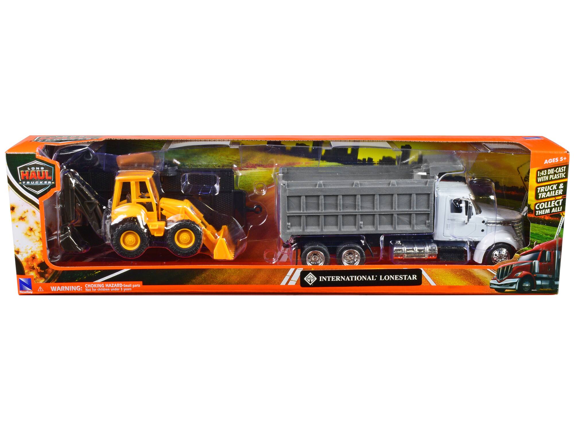 LONG HAUL TRUCKER  
AGES 5+  
1:43 DIE-CAST WITH PLASTIC TRUCK & TRAILER  
COLLECT THEM ALL!  
CHOKING HAZARD - Small parts  
WARNING: Not for children under 3 years  
INTERNATIONAL LONESTAR