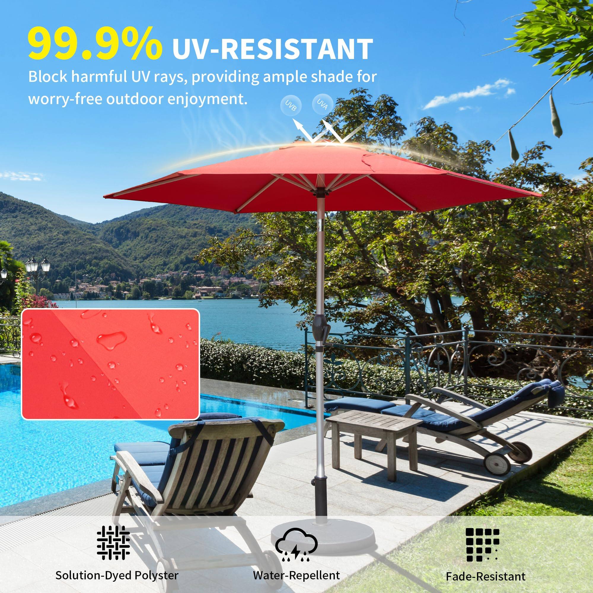 99.9% UV-RESISTANT  
Block harmful UV rays, providing ample shade for worry-free outdoor enjoyment.  

Solution-Dyed Polyester  
Water-Repellent  
Fade-Resistant