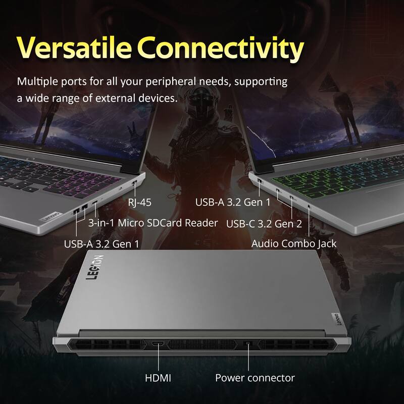 Versatile Connectivity  
Multiple ports for all your peripheral needs, supporting a wide range of external devices.  

- RJ-45  
- USB-A 3.2 Gen 1  
- 3-in-1 Micro SD Card Reader  
- USB-C 3.2 Gen 2  
- Audio Combo Jack  
- HDMI  
- Power connector