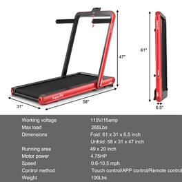Kadyn - Treadmill, Electric Treadmill, Walking Jogging Machine,4.75HP 2 In 1 Folding Treadmill with Remote APP Control - Red