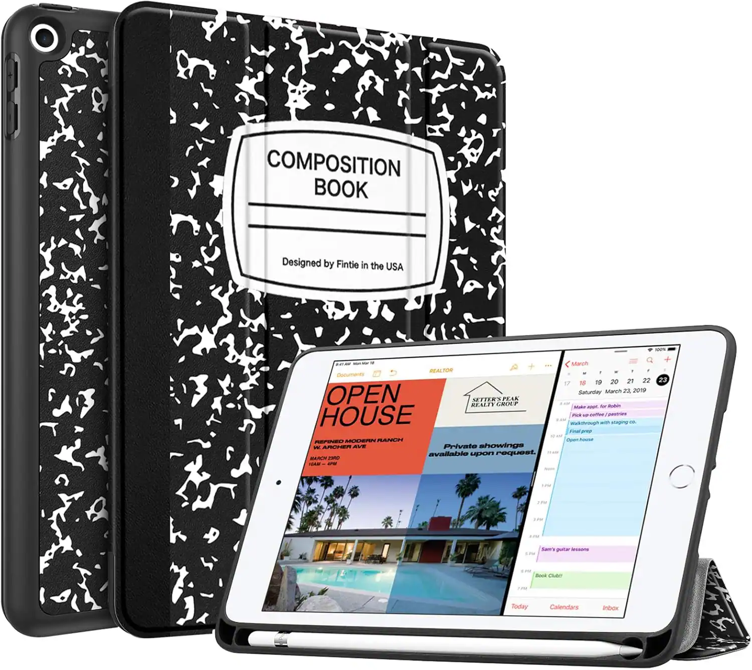 Fintie - Slim Case for iPad mini 5th Generation 7.9-inch 2019 Lightweight Tri-Fold Stand Soft TPU Back Cover with Pencil Holder - Composition Book