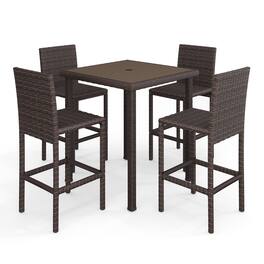 Martha Stewart - Bedford 5-Piece Outdoor Rattan Wicker Patio Set with 4 Bar Stools, Bar Height Table - Brown
