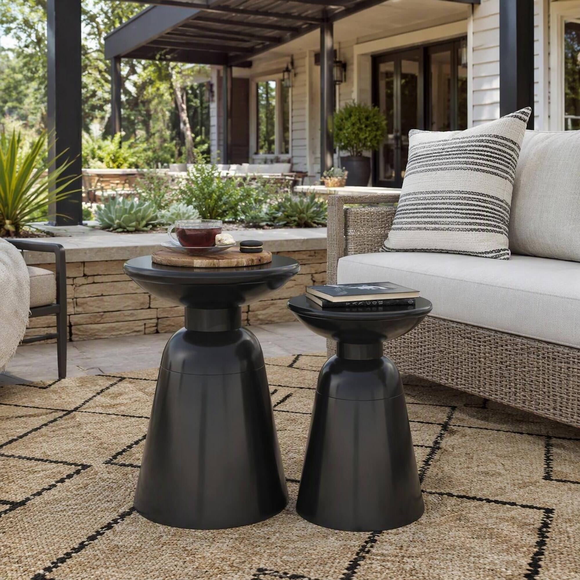 Angle. RYHNUYNE - Outdoor Iron Side Table Set of 2 with Flared Pedestal Base, Black Powder-Coated Finish for Patio - Black.