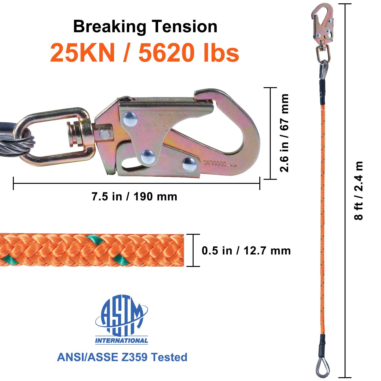Breaking Tension  
25KN / 5620 lbs  

7.5 in / 190 mm  
2.6 in / 67 mm  
0.5 in / 12.7 mm  

8 ft / 2.4 m  

ANSI/ASSE Z359 Tested