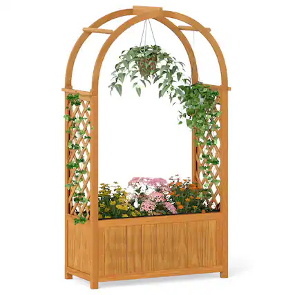 Front. Gymax - Gymax Wooden Raised Garden Bed w/ Lattice Trellis Arched Roof Liner Drainage Patio - Orange.