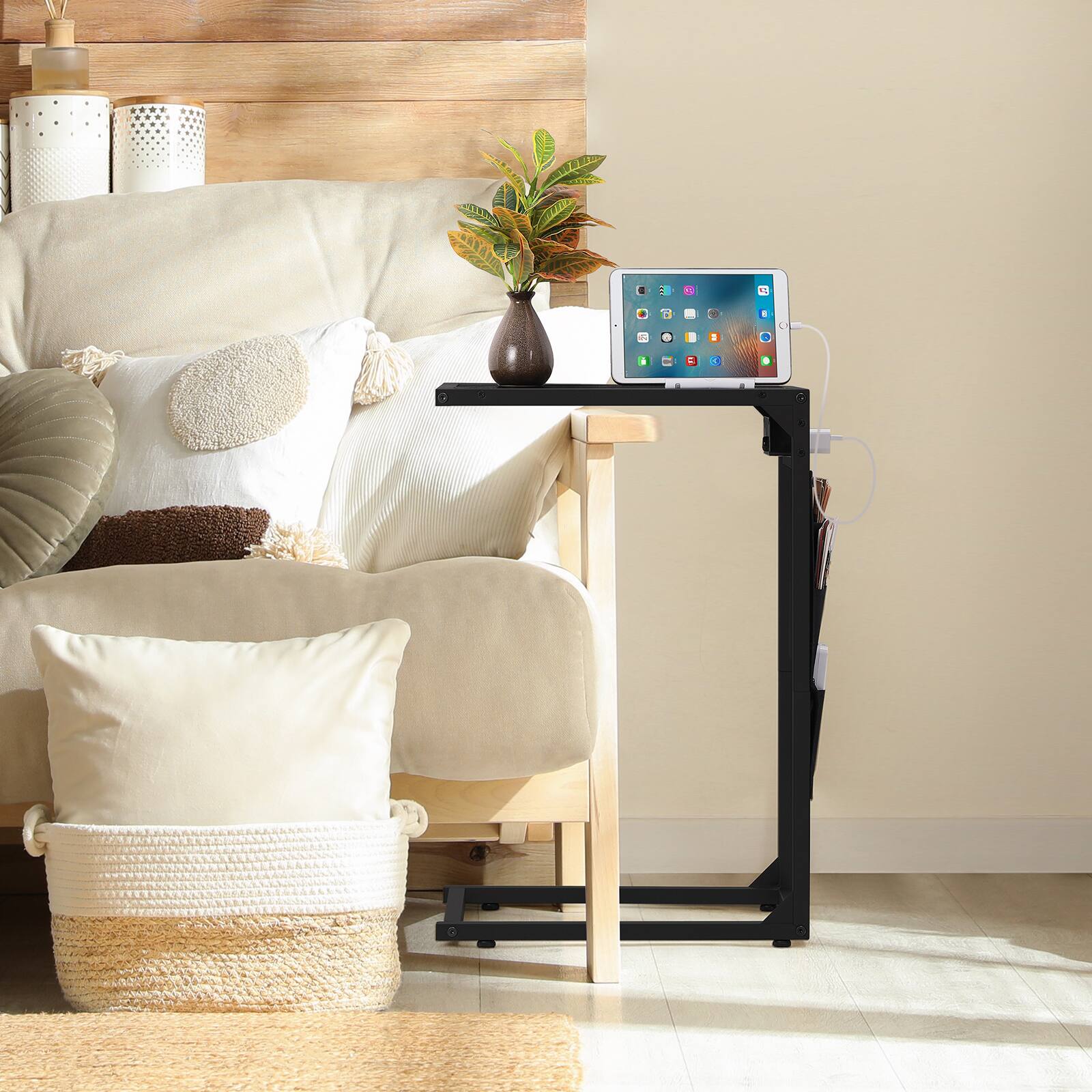Angle. Oumilen - Set of 2 C-Shaped Side Tables with Charging Station, Black Water Grain Wood End Tables with Fabric Pockets - Black.