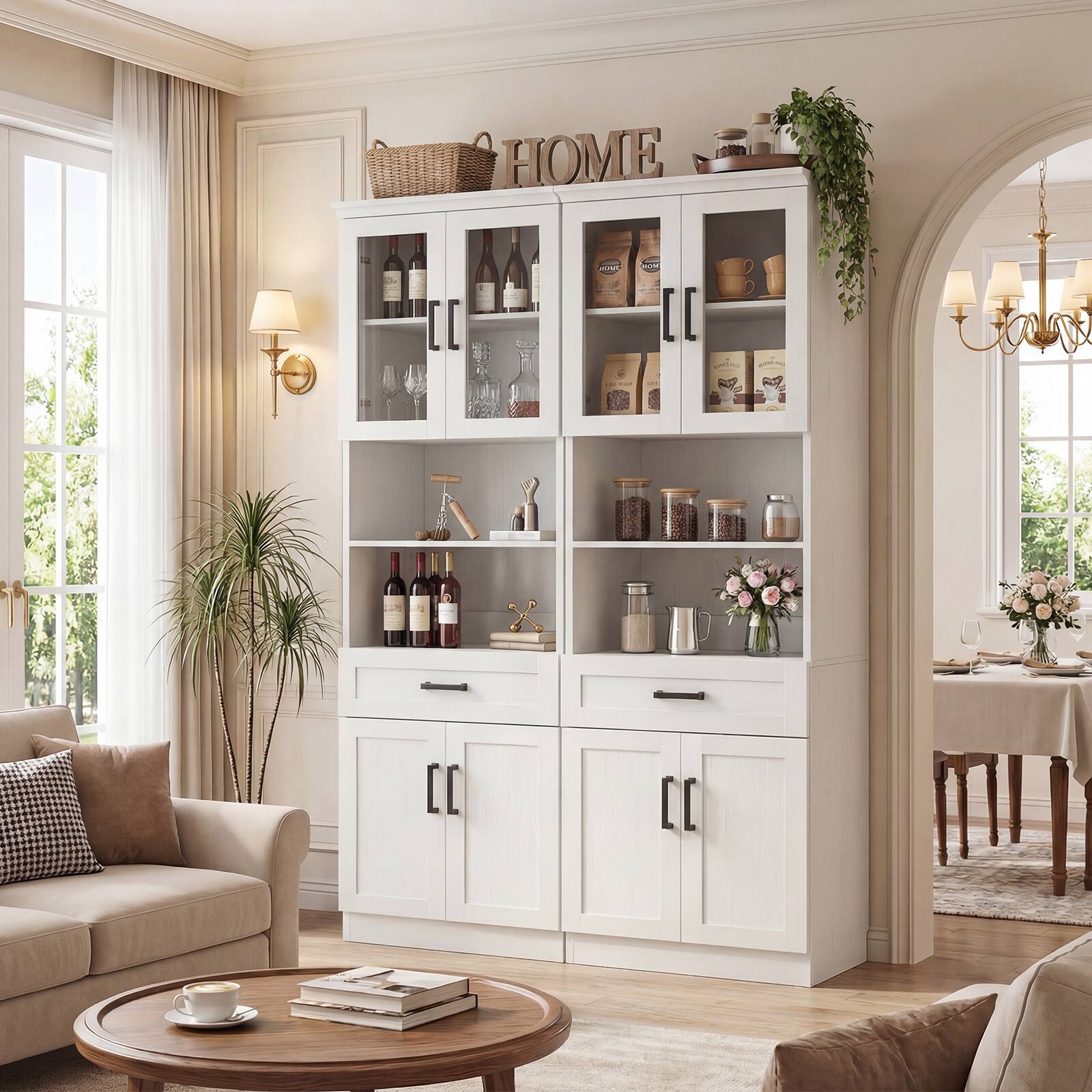 Alt View 1. Aheaplus - 79.7" Tall Kitchen Pantry Storage Cabinet, Kitchen Hutch Cabinet with Glass Door, Adjustable Shelves and Drawer - White.