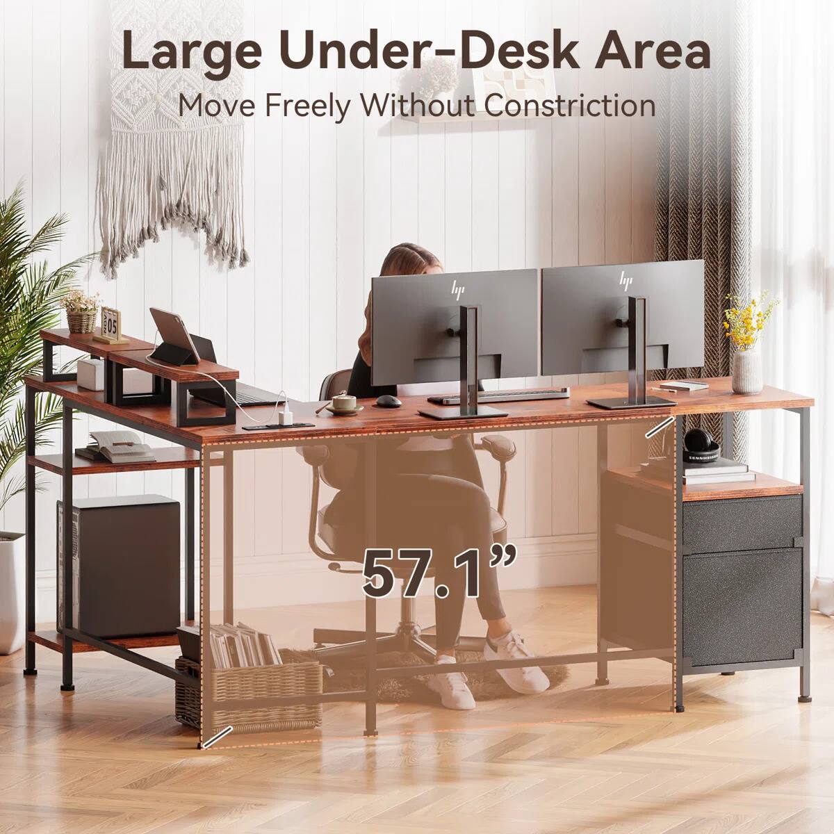 Large Under-Desk Area  
Move Freely Without Constriction  
57.1"